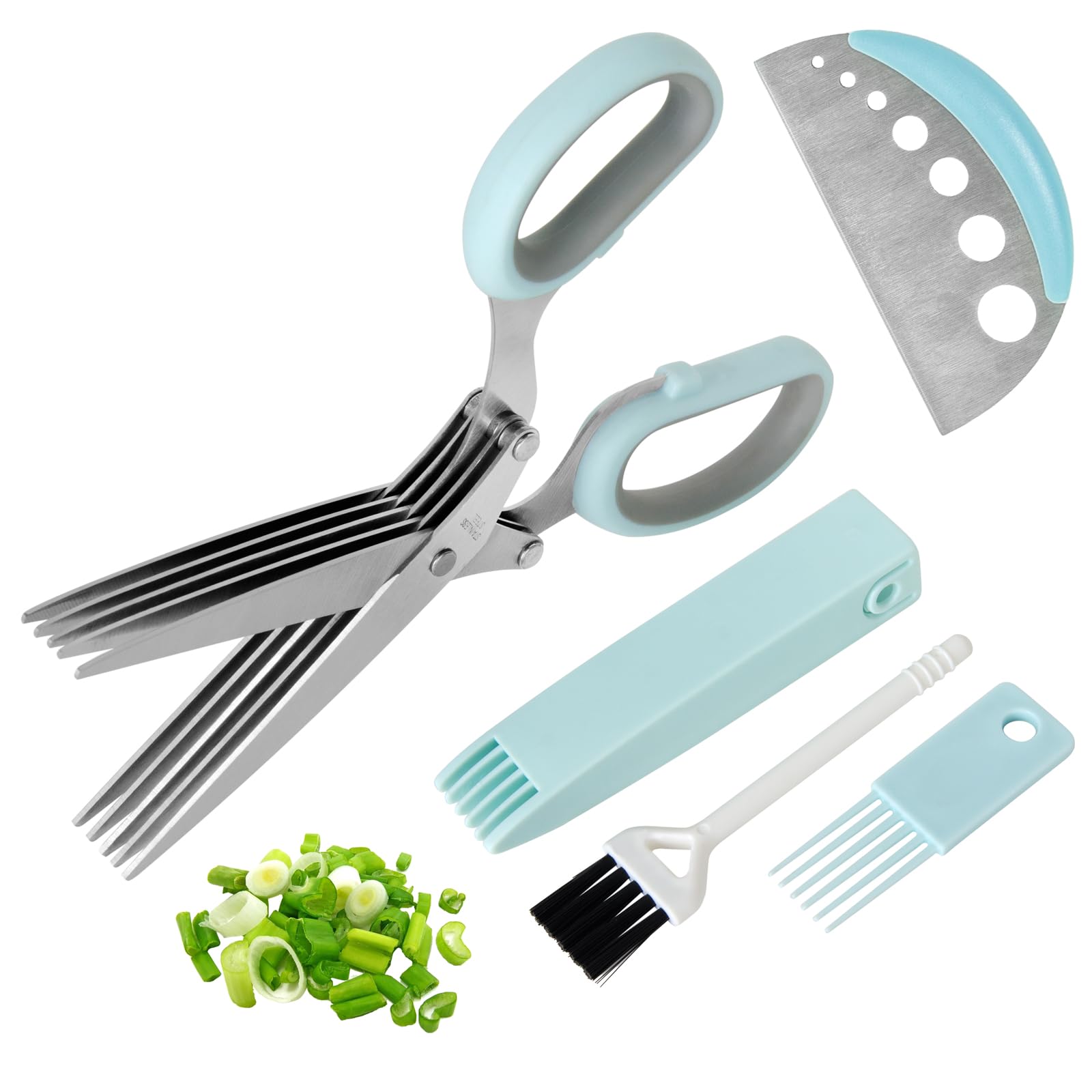 5-Blade Herb Scissors with Cover & Cleaning Brush - Professional Kitchen Scissors for Chopping Herbs, Salad, Vegetables - Perfect for Meal Prep, Cooking, and Garnishing - Blue