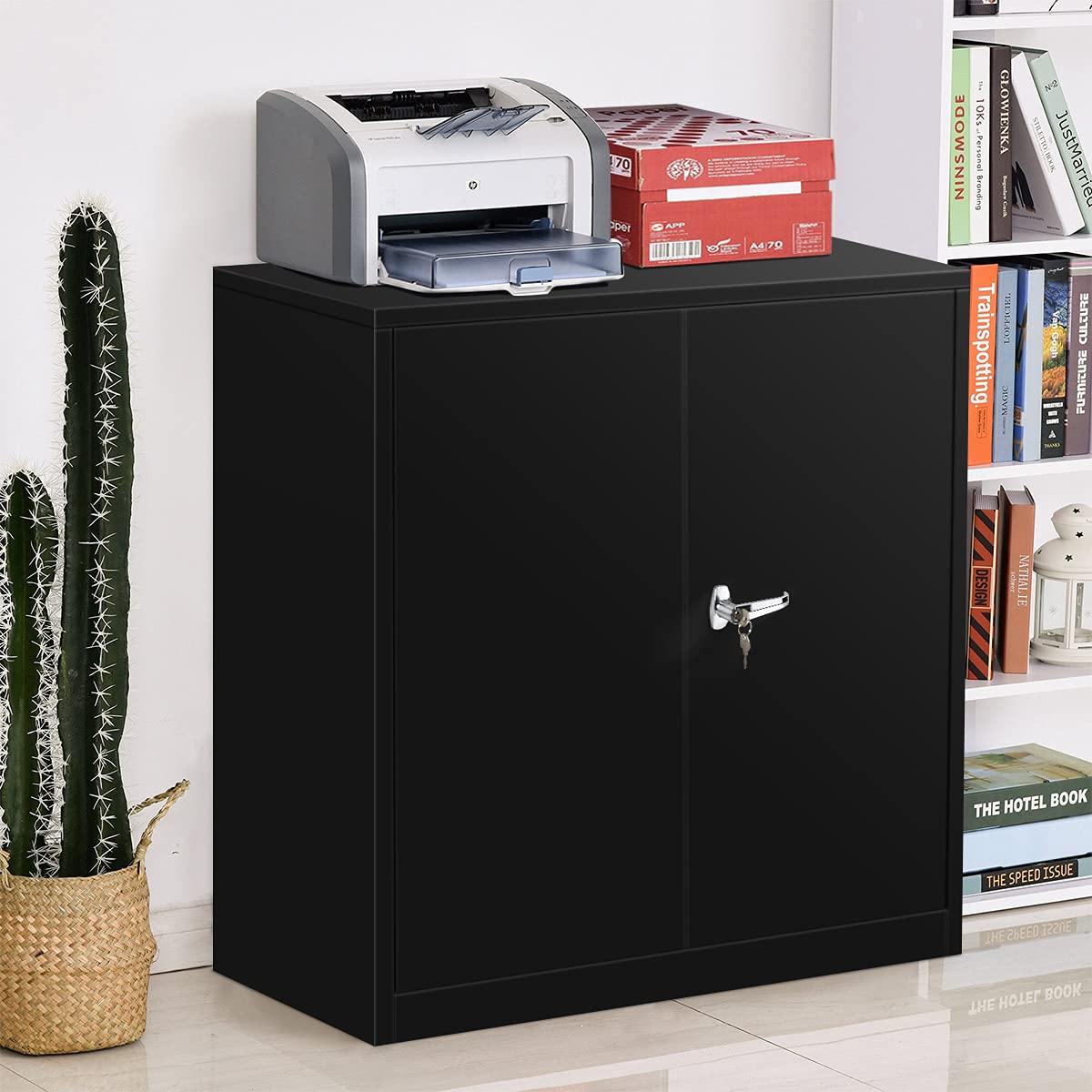 Superday Black Metal Storage Cabinet - Lockable Steel Cabinet with Doors & 2 Adjustable Shelves, Heavy Duty Office & Home Storage Solution for Garage, Workshop, and Utility Rooms