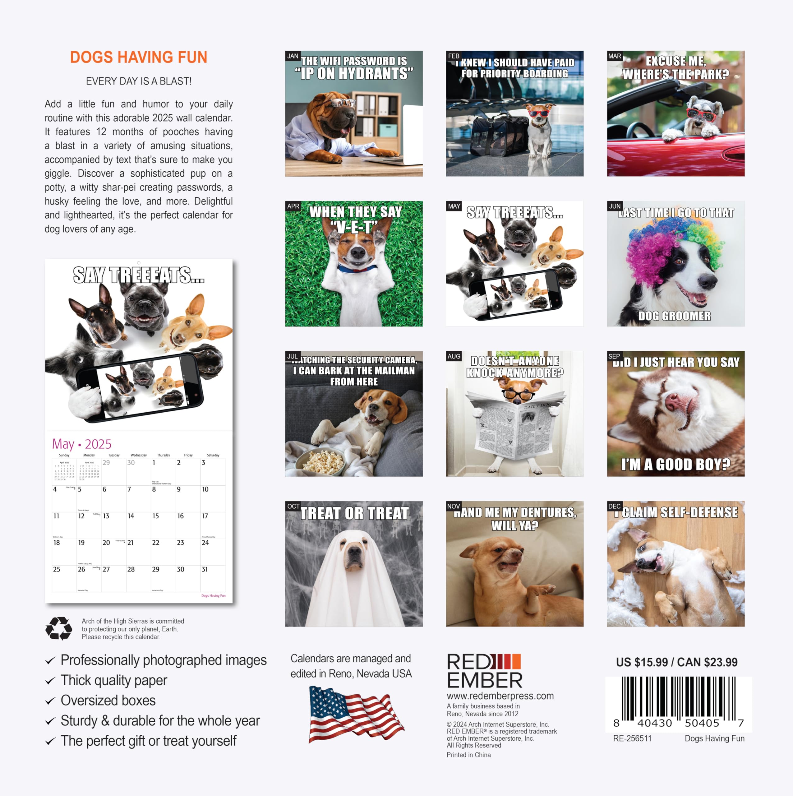 RED EMBER Dogs Having Fun 2025 Wall Calendar - 12 Month Large 12x24 Inch with Thick Sturdy Paper - Perfect Gift for Dog Lovers & Home Office Decor