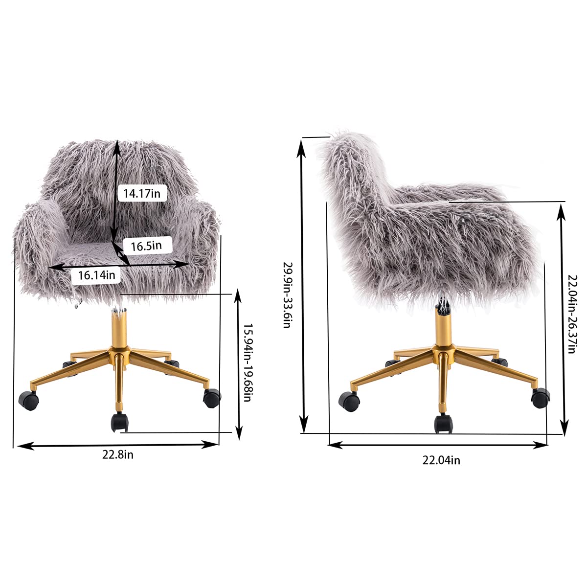 Fluffy Faux Fur Swivel Desk Chair - Adjustable Height Vanity Chair with Golden Base for Home Office, Gaming & Makeup Room - Soft Accent Chair for Small Spaces