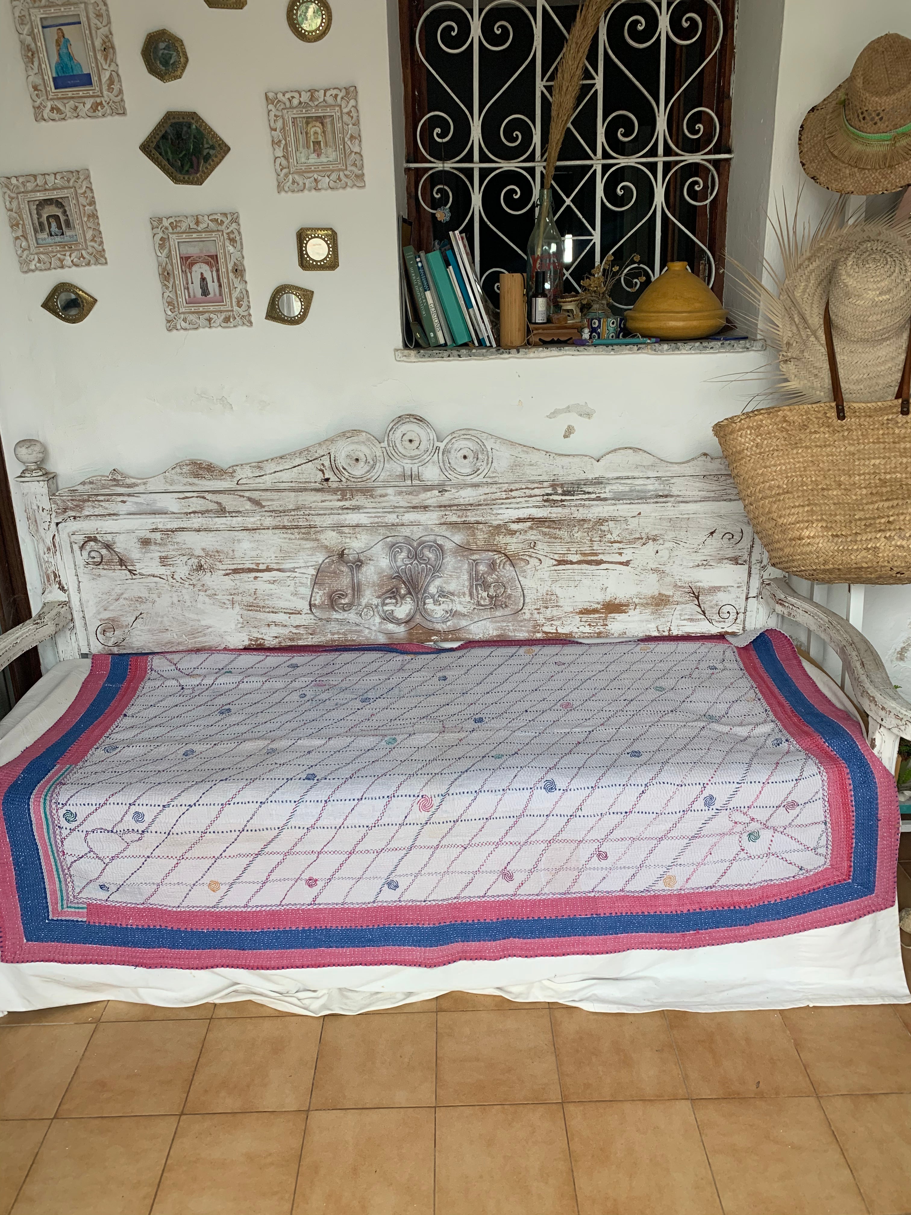 Handmade Kantha Blanket - Soft Blue & White Cotton Throw for Cozy Home Decor, Bed, Sofa & Travel
