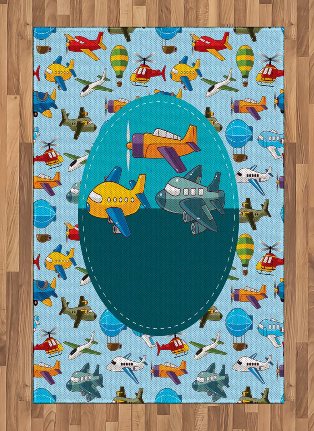 Ambesonne Retro Cartoon Airplanes & Balloons Area Rug - Colorful Flat Woven Accent Rug for Living Room, Bedroom, Dining Room - 4' x 5'7
