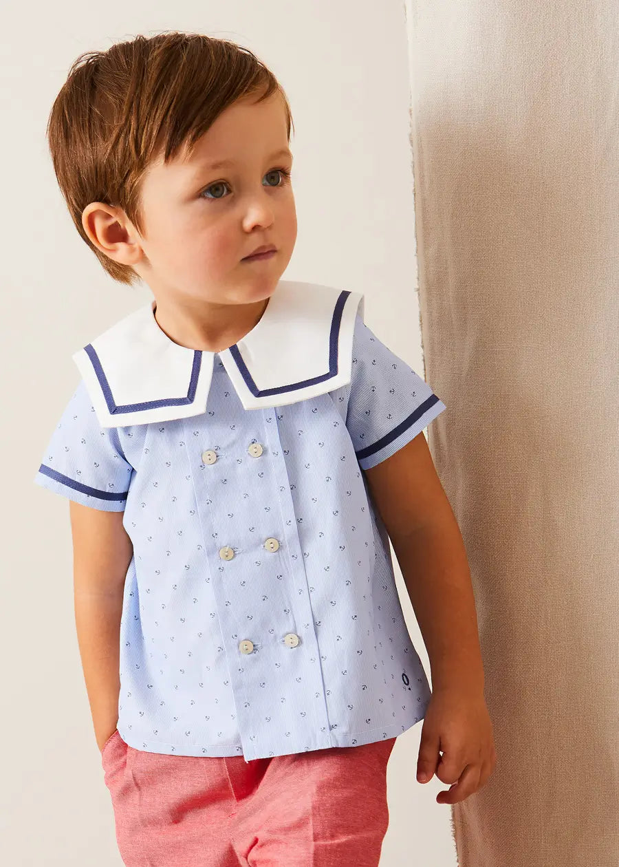 Lyall Stripe Anchor Motif Mariner Collar Short Sleeve Shirt - Blue Boys' Nautical Top (12 Months to 6 Years) | Perfect for Beach Outings, Summer Parties & Casual Wear
