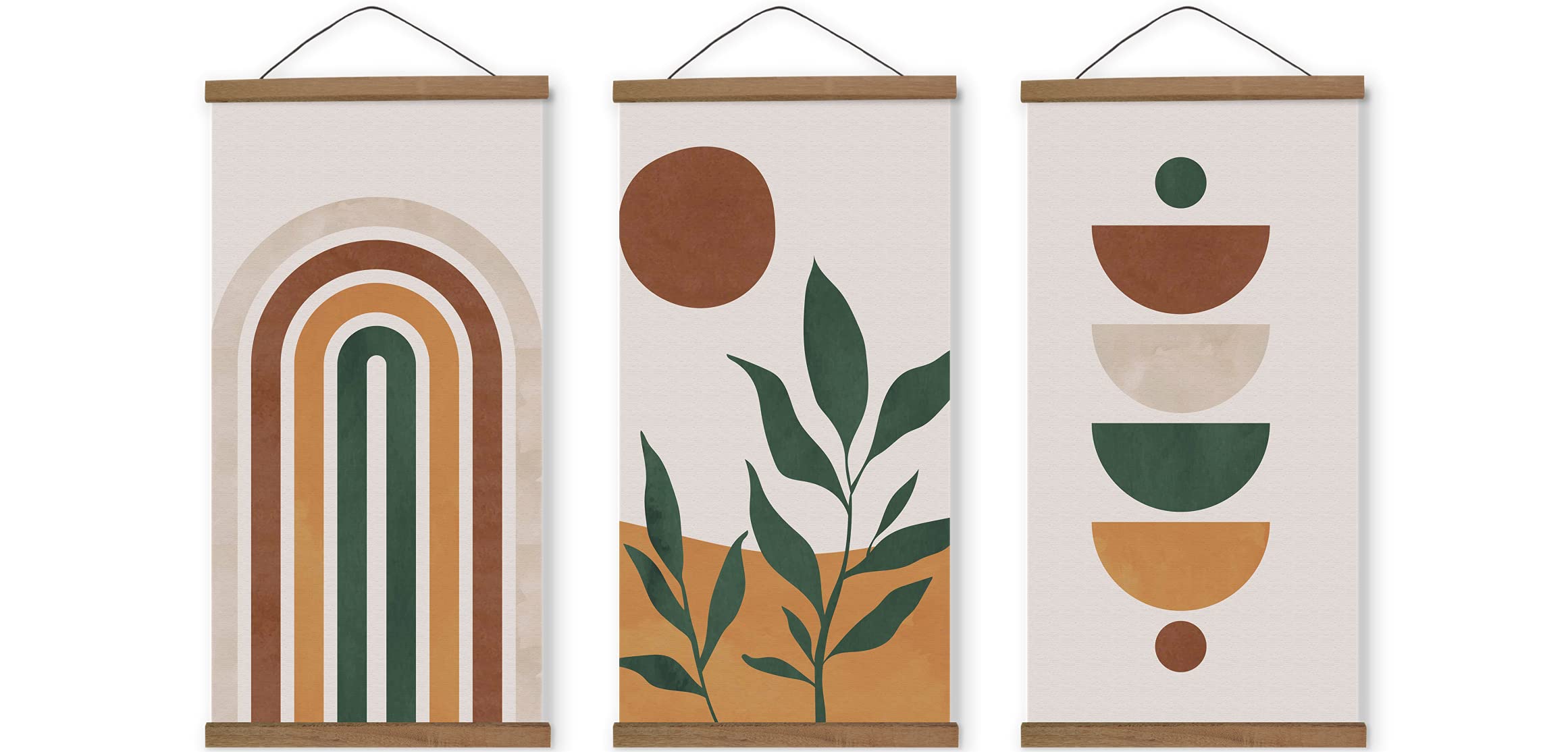 Boho Wall Art Set of 3 - Framed Botanical Prints & Rainbow Posters (18x36) for Bedroom Above Bed & Living Room Decor - Orange Bohemian Wall Decor for Home & Office