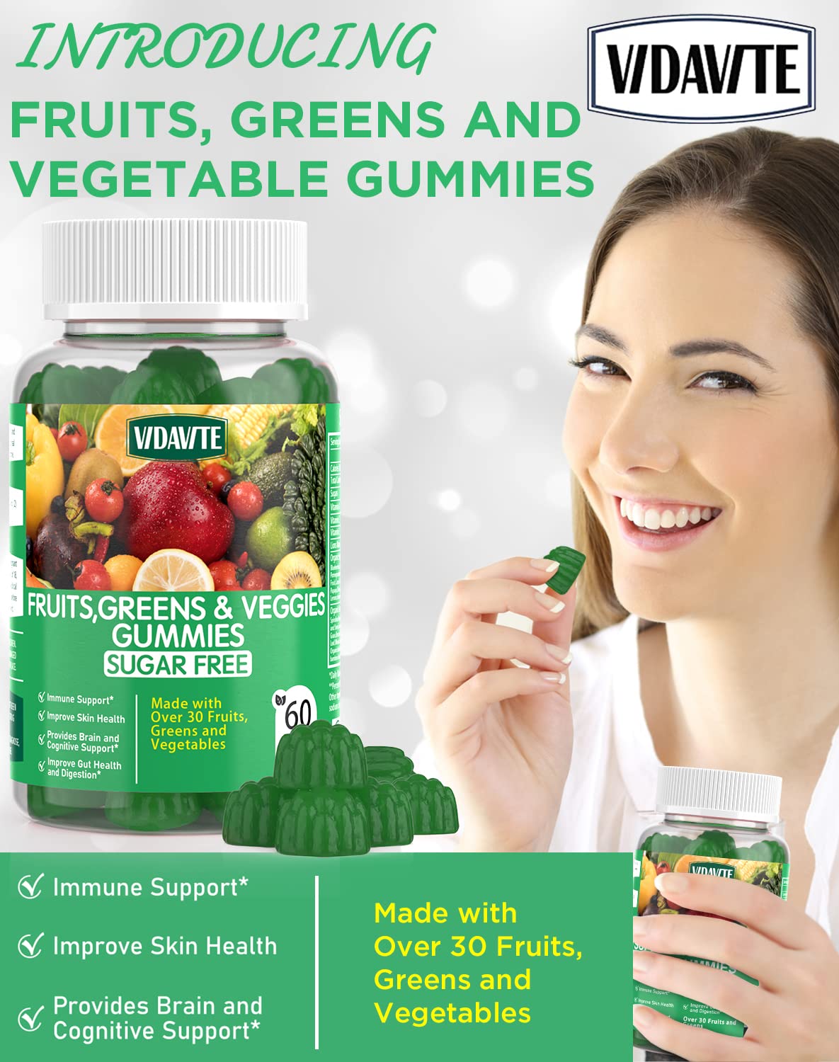Sugar-Free Fruit and Veggie Gummies with 35+ Greens, Vitamins for Immunity, Skin & Gut Health — Best Fruit & Vegetable Supplement for Adults & Kids (60 Gummies) — Perfect for Daily Nutrition, Travel & On-the-Go Wellness