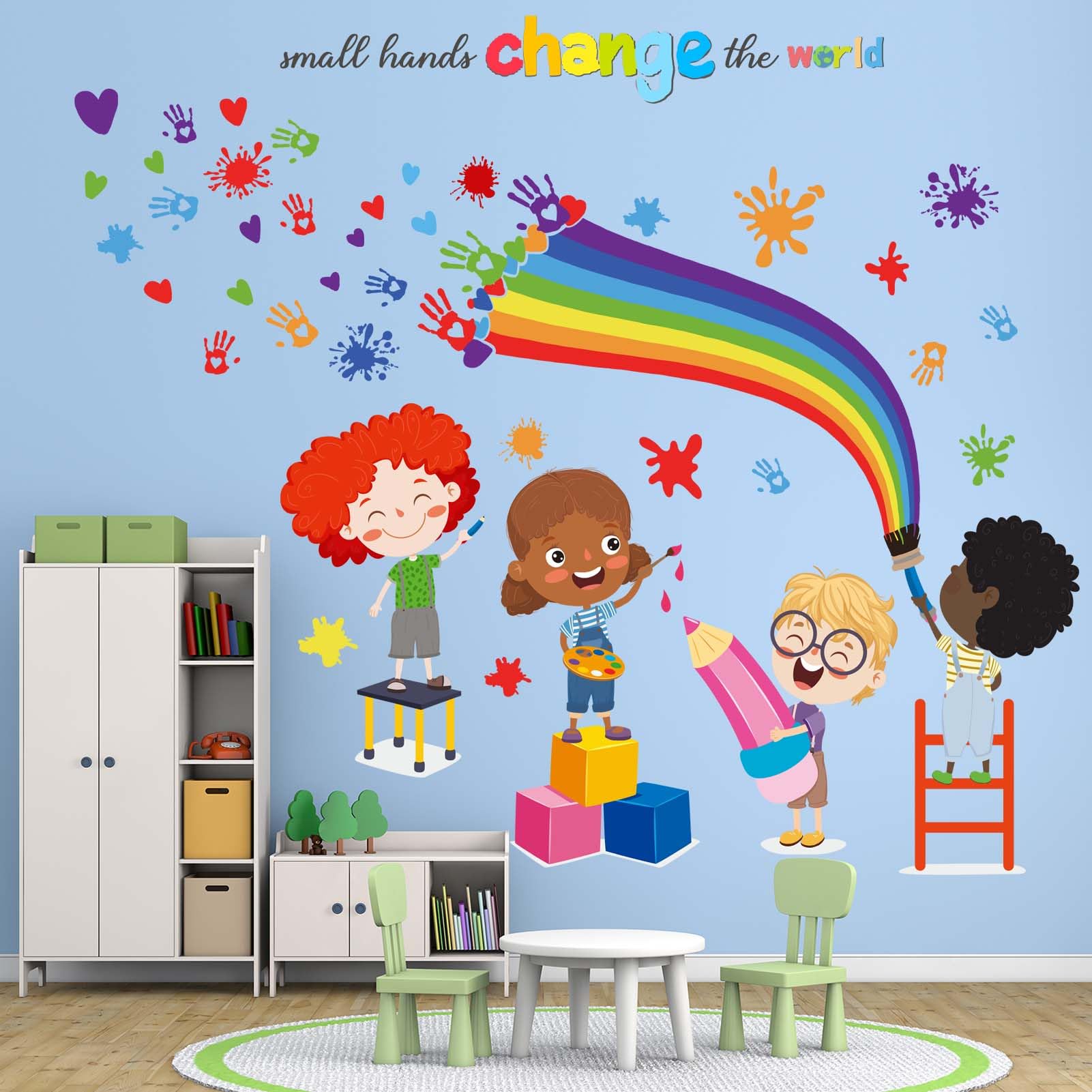 PinkEleph Small Hands Change The World Wall Stickers - Inspirational Quotes Rainbow Wall Decals for Kids Room, Nursery, Classroom, School, Daycare & Library - Motivational Playroom Wall Decor for Children's Education & Creativity