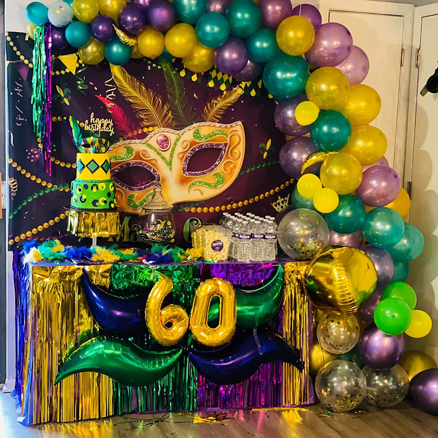 Bundle-PartyWoo Mardi Gras Decorations - 50-Piece Purple, Green & Gold Balloons with Fringe Table Skirt | Perfect for Mardi Gras Parties, Carnival Celebrations & Festive Home Decor