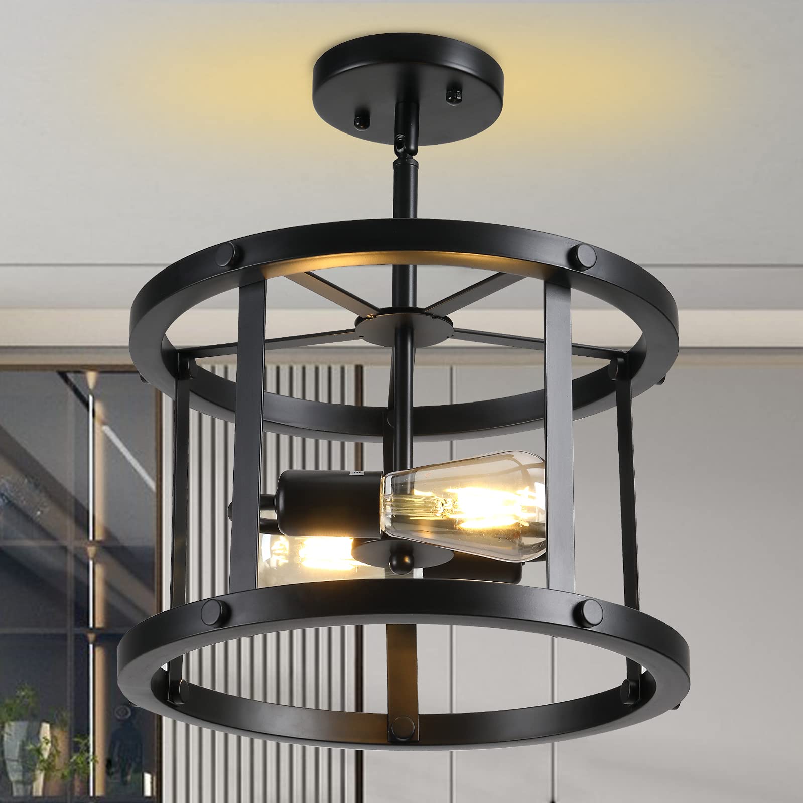 Vintage Industrial Farmhouse Semi Flush Mount Ceiling Light - Matte Black Sloped Ceiling Lighting Fixture for Kitchen, Hallway, Bedroom, Porch & Dining Room (13