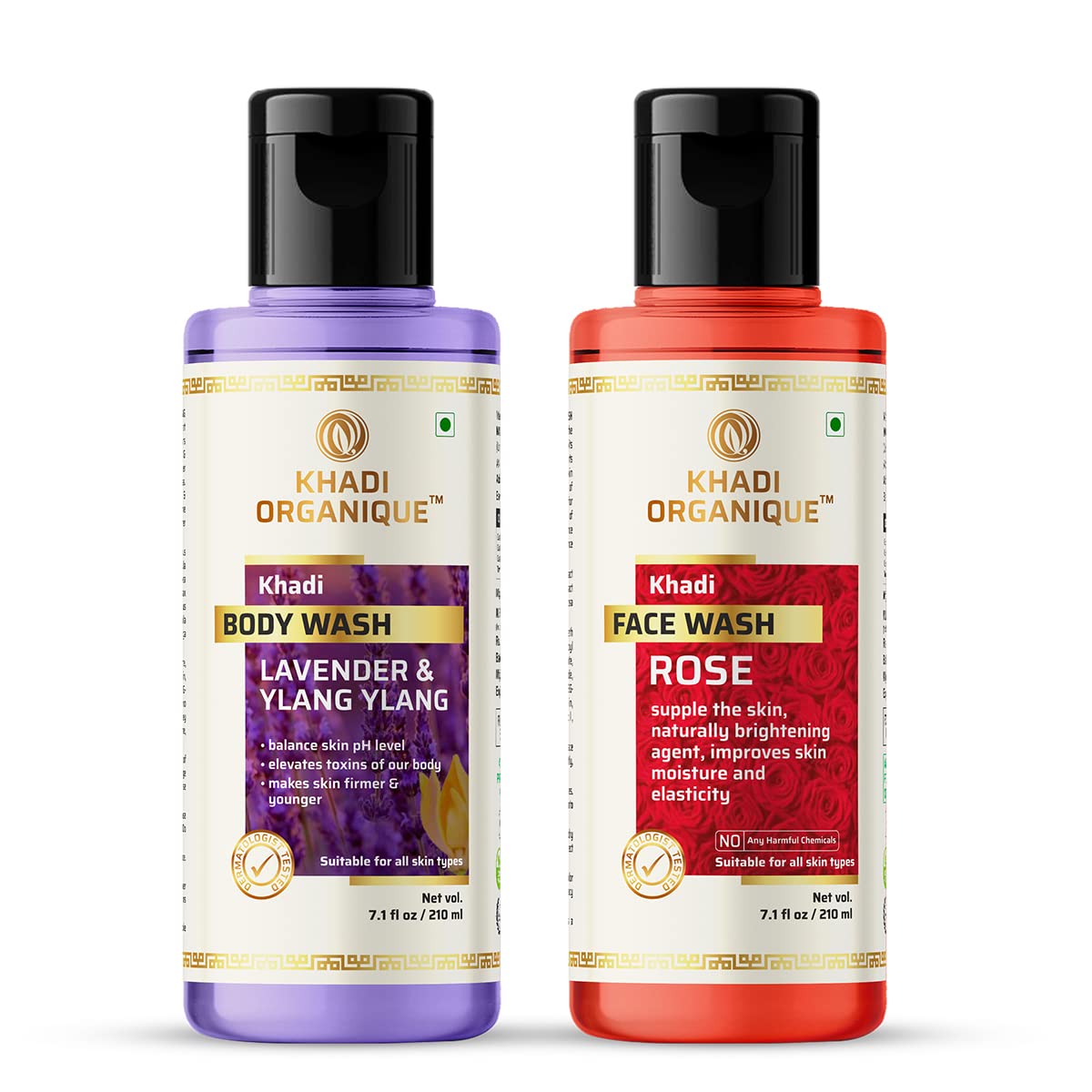 Khadi Organique Lavender & Ylang Ylang Body Wash with Rose Face Wash Combo Pack - Natural Ayurvedic Skincare Set for Relaxation & Glowing Skin - Perfect for Spa Day, Self-Care Routine & Gift Giving