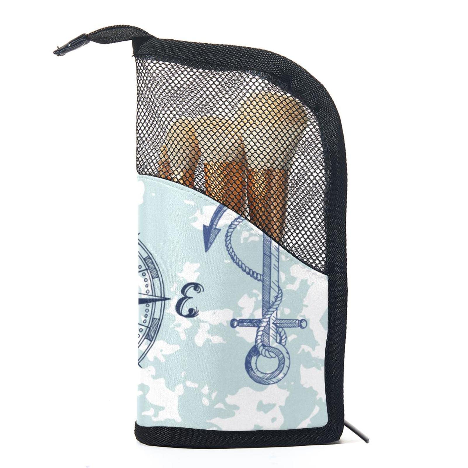 Premium Makeup Brush Organizer Bag with 12 Brushes - Nautical Anchor Compass World Map Design - Portable Travel Cosmetic Brush Holder Case for Professional Makeup Artists & Beauty Enthusiasts - Perfect for Travel, Home Vanity & Salon Use