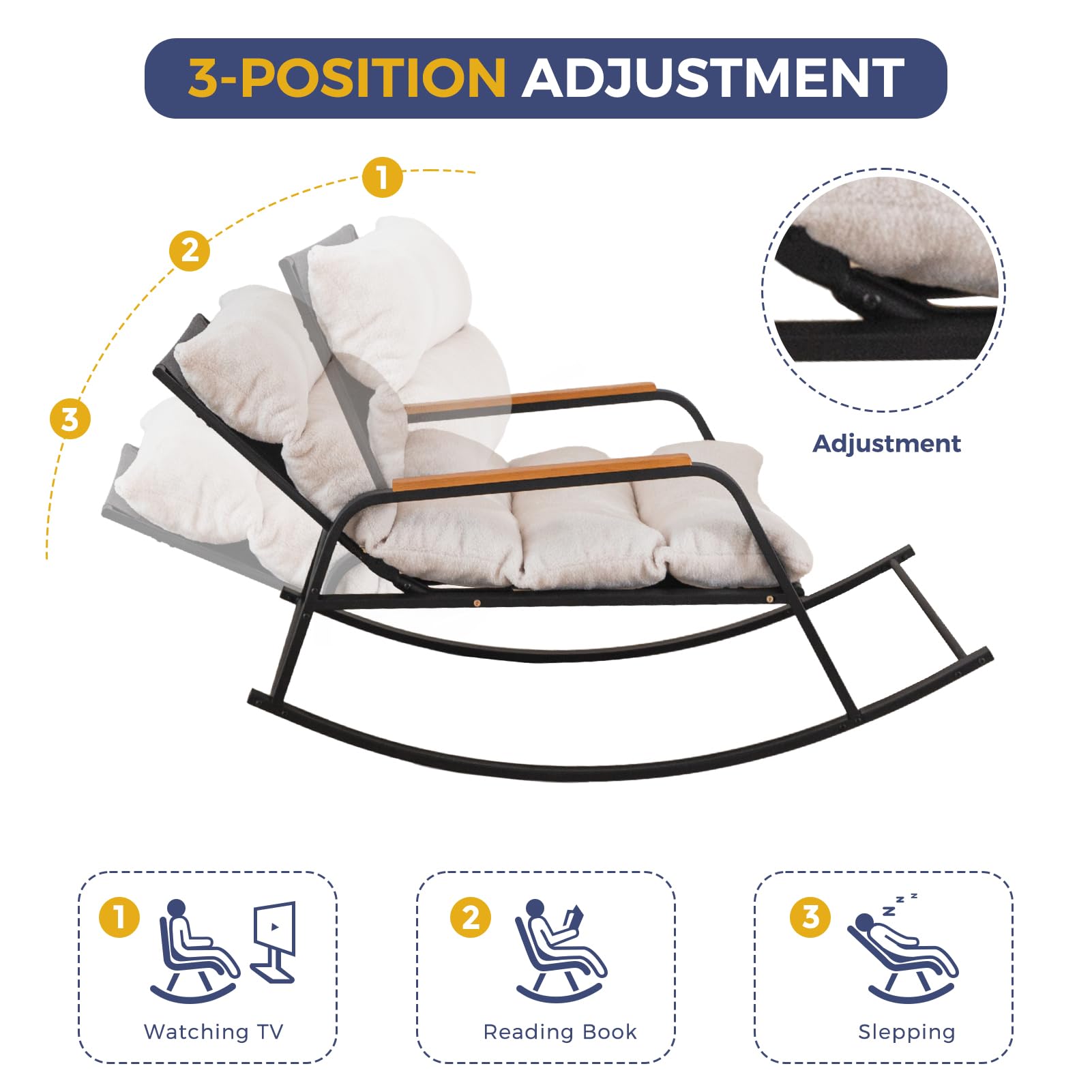 MAXYOYO Boucle Rocking Chair with Adjustable Backrest - Extra Wide Glider Recliner for Living Room, Nursery & Outdoor - Soft Beige Fabric - Perfect for Relaxing, Nursing & Reading