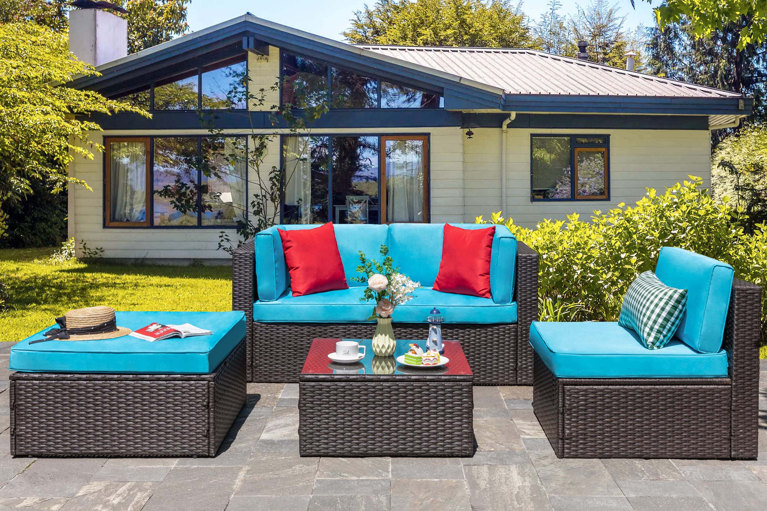 5-Piece All-Weather Brown PE Wicker Outdoor Patio Furniture Set - Sofa Sectional with Ottoman, Glass Coffee Table - Perfect for Garden, Backyard, Poolside & Small Balcony Conversations