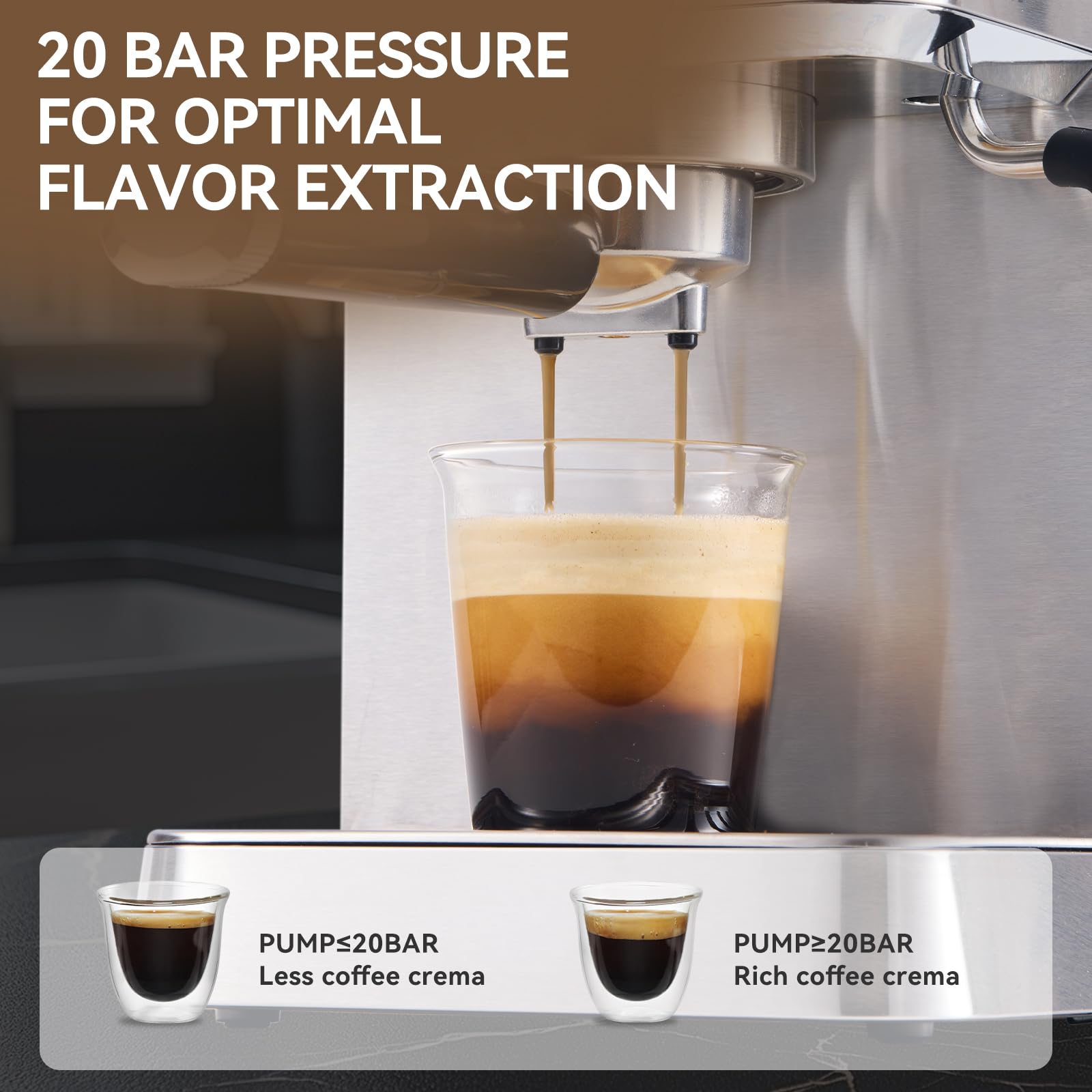 20 Bar Espresso Machine with Milk Frother - Stainless Steel Coffee Maker, 1400W, 1.8L Removable Water Tank - Perfect for Home Baristas to Make Latte, Cappuccino & Macchiato - Ideal for Kitchen, Office & Coffee Shops