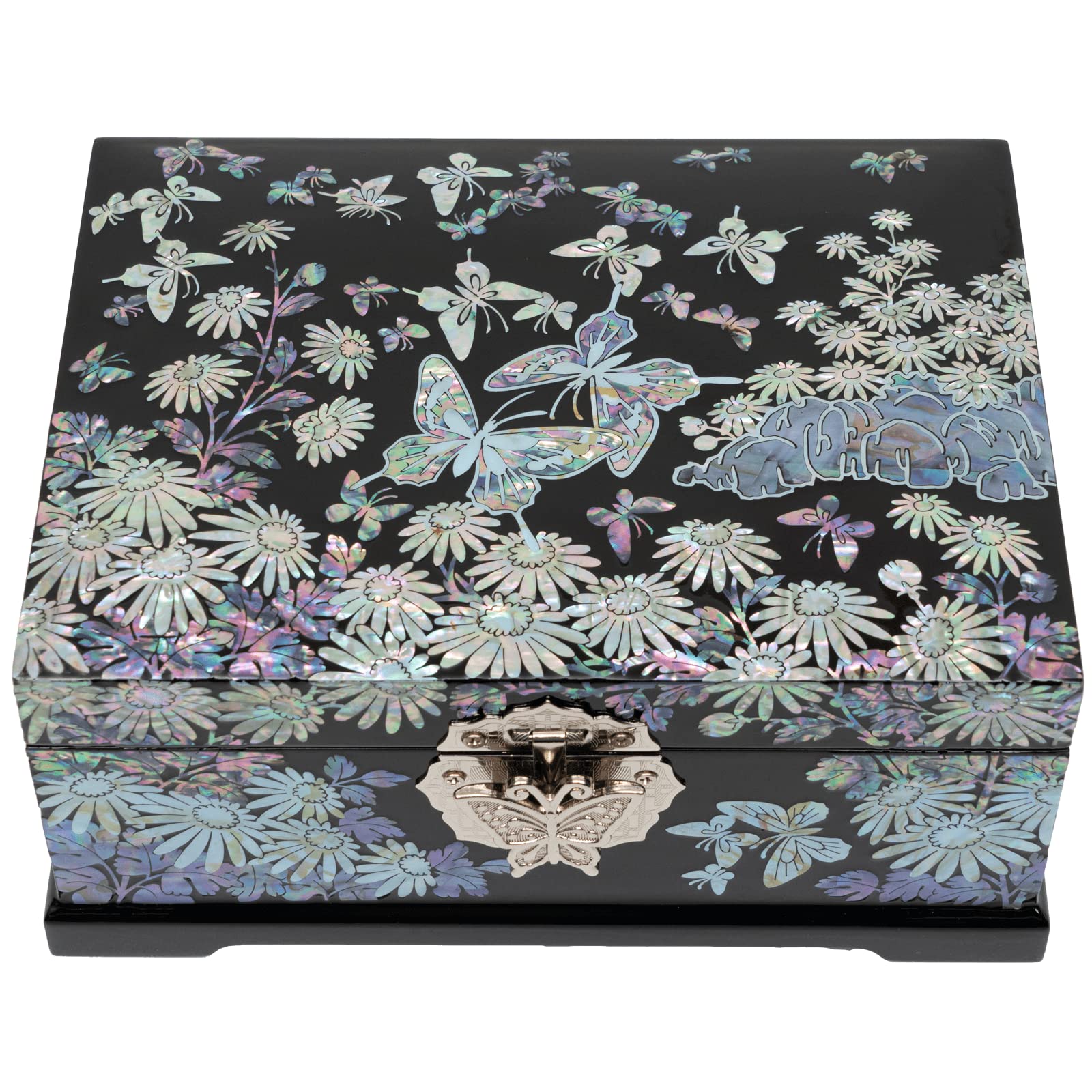 February Mountain Mother of Pearl Jewelry Box - 2 Layer Jewelry Organizer for Earrings, Rings, Necklaces, Bracelets & Watches | Perfect Gift for Women, Birthday, Anniversary, Valentine's Day (Siberian Chrysanthemum with Butterflies Design) | Elegant Storage for Dresser, Vanity or Travel