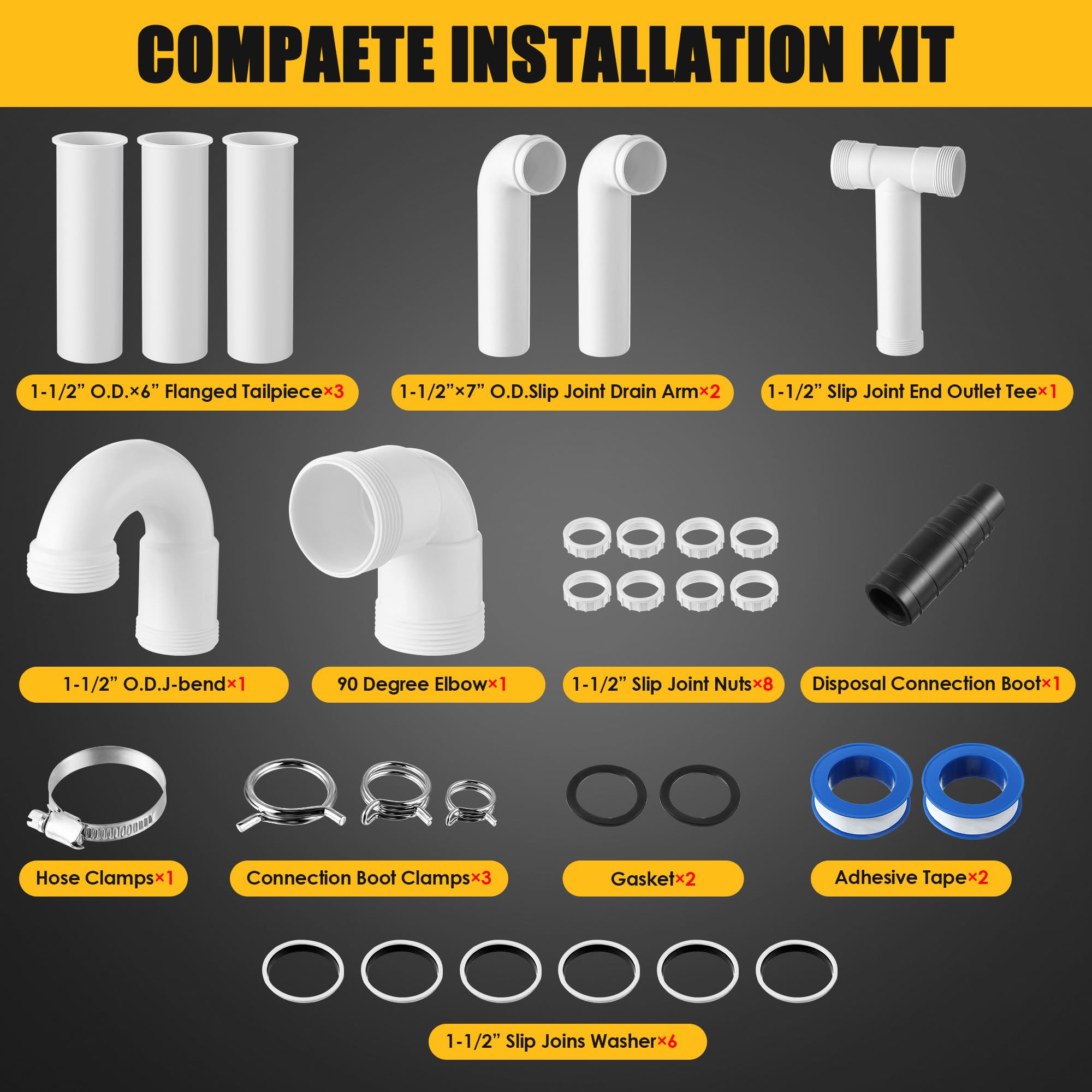 Saillong 27-Piece Garbage Disposal Installation Kit - Complete Kitchen Sink Drain Pipe Set for Double Bowl Sinks, 1-1/2