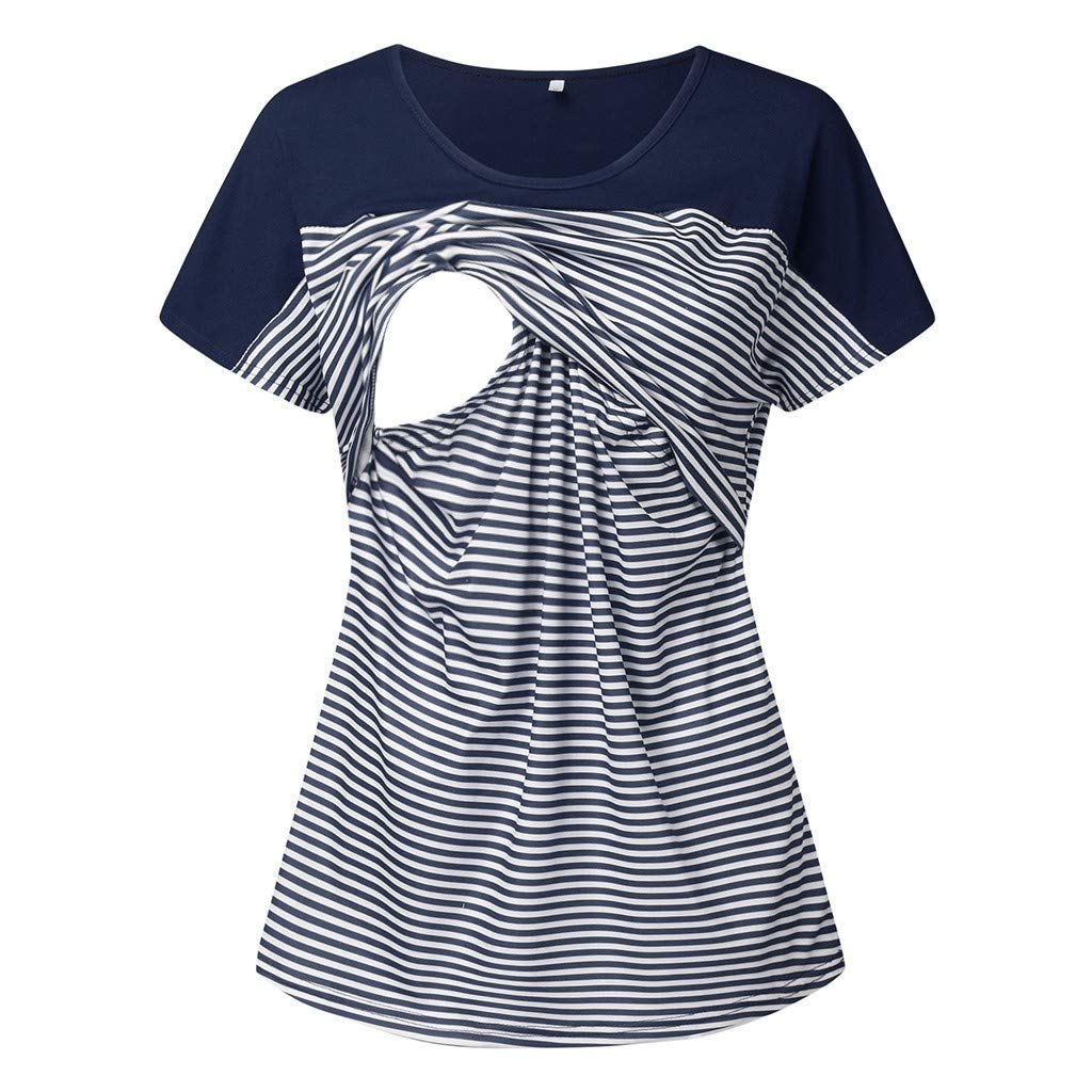 MOMKER Nursing T-Shirts for Women - Striped Short Sleeve Maternity Top for Breastfeeding & Layering | Comfortable Nursing Clothes for New Moms | Perfect for Daily Wear, Outings & Mother-Baby Bonding Time
