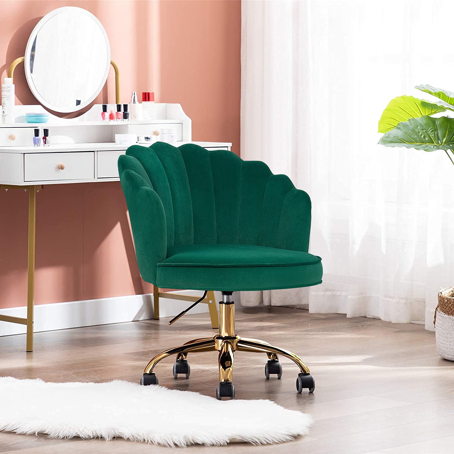 Mid Century Modern Tufted Velvet Office Chair - Ergonomic Home Office Desk Chair with Adjustable Height, Green Velvet Task Chair for Working from Home, Study or Gaming Setup