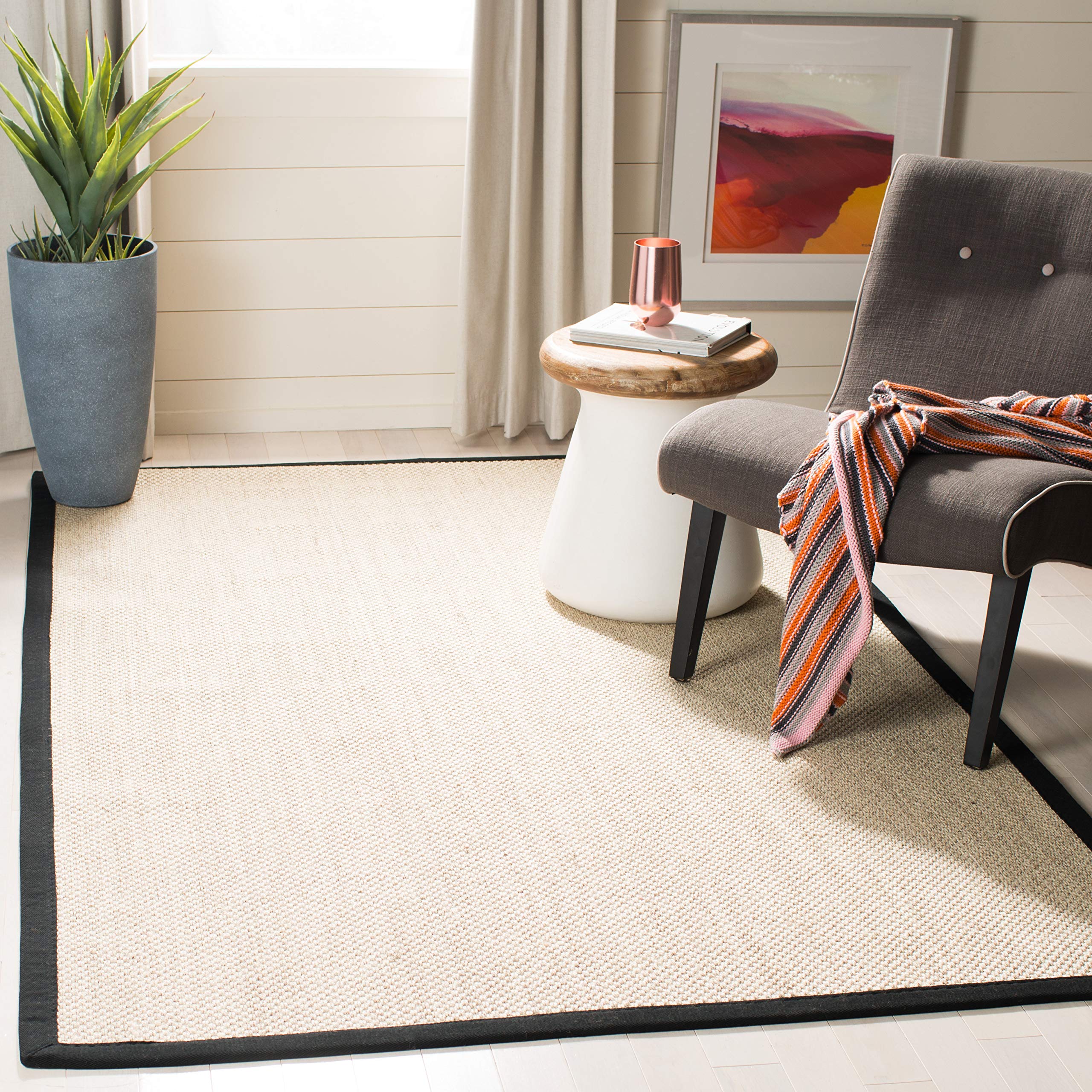 SAFAVIEH Natural Fiber Collection 6' x 9' Area Rug - Marble & Black Sisal Border Design, Easy Care & Durable for High Traffic - Perfect for Living Room, Bedroom, Office & Entryway (NF143A)