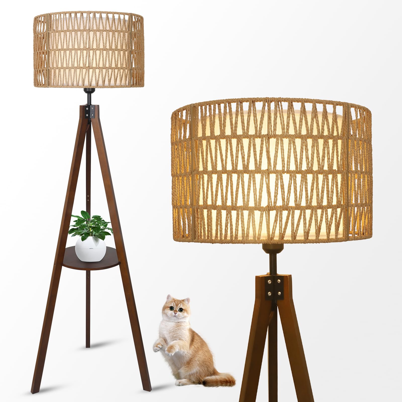 Boho Tripod Floor Lamp with Shelves - Mid Century Modern Wood Standing Lamp with Rattan & Fabric Shades, ON/Off Foot Switch - Farmhouse Tall Floor Lamps for Living Room, Bedroom, Office - Perfect for Reading Nook, Cozy Corner & Home Decor