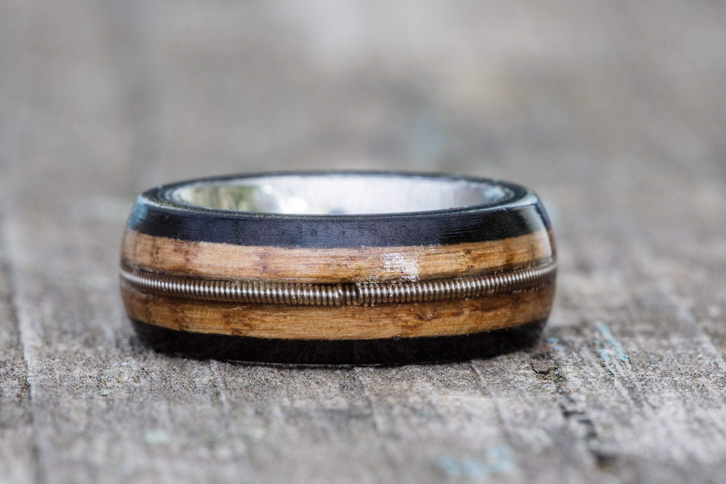 Handcrafted Whiskey Barrel Guitar String & Ebony Wood Titanium Ring - Unique Men's Wedding Band, Anniversary Gift for Him - Perfect for Musicians, Whiskey Lovers & Outdoor Enthusiasts