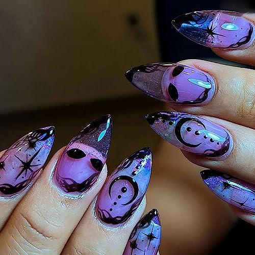 Halloween Press on Nails - 24Pcs Almond Shape Acrylic Fake Nails with Black Stars & Moon Designs, Glossy Coffin False Nails for Women, Reusable Full Cover Glue on Nails - Perfect for Halloween Parties, Day of The Dead Celebrations & Costume Events
