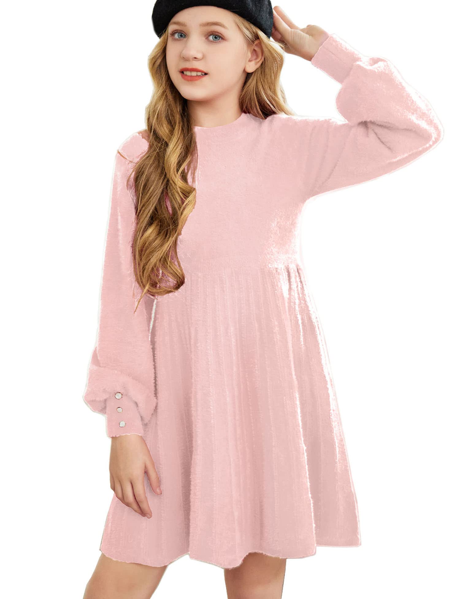 Arshiner Girls Sweater Dress - Soft Knit Crewneck Lantern Sleeve Solid Color Twirl Dress for Kids | Perfect for School, Parties & Holiday Outfits