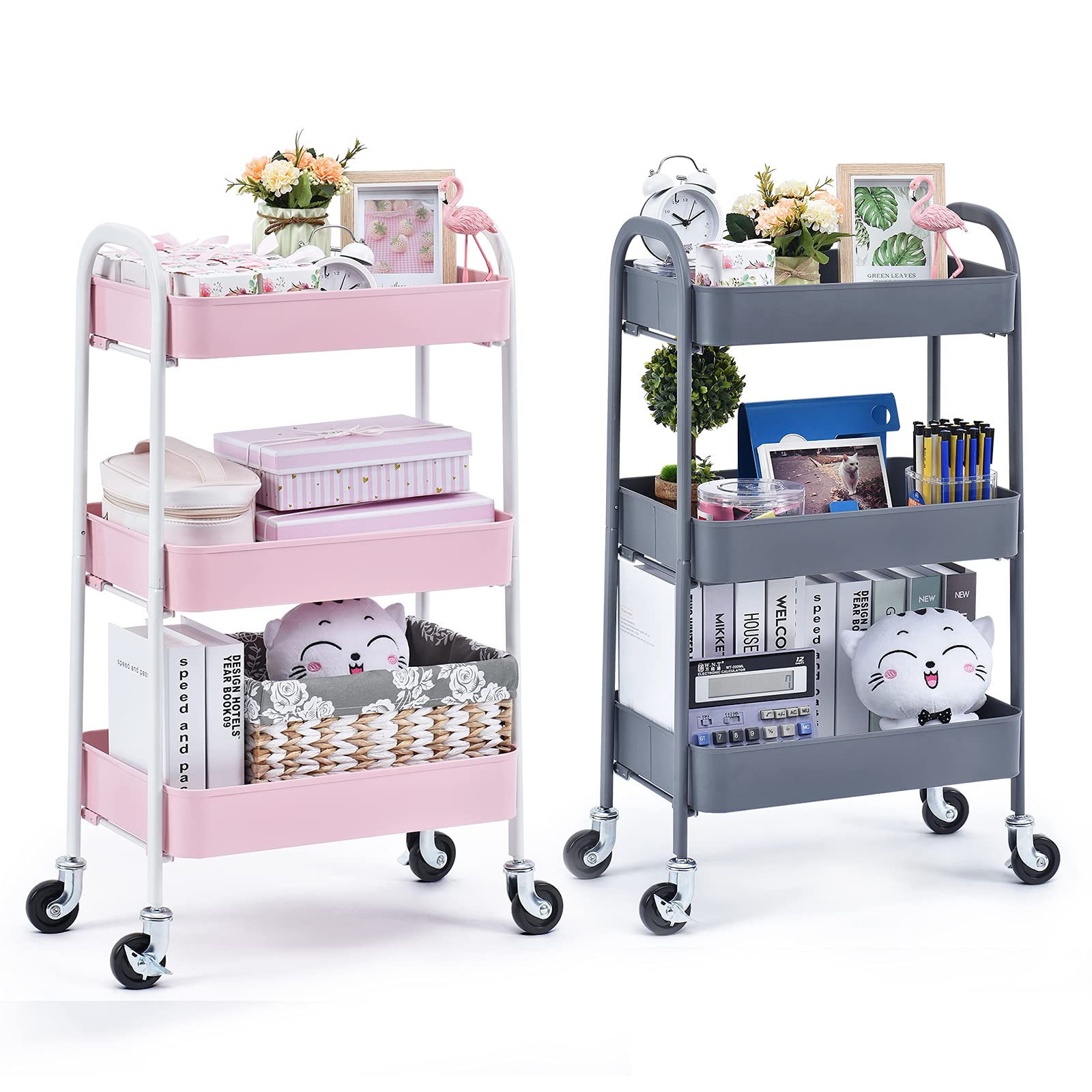 3-Tier Rolling Utility Cart with Wheels - Pink & White Bundle for Kitchen, Bathroom, Office Storage and Organization | No-Screw Assembly Metal Cart for Home, Dorm, Salon or Garage