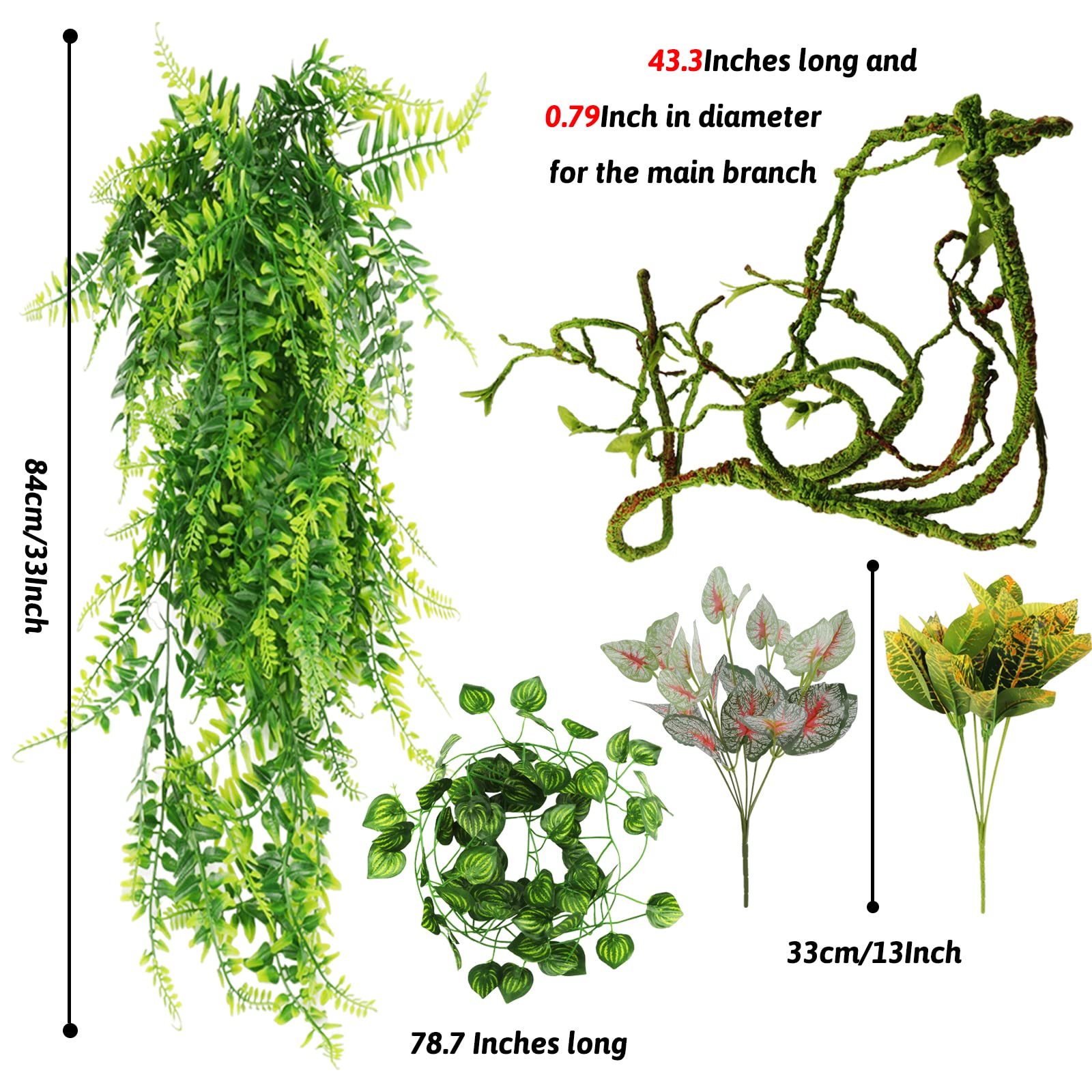 Artificial Reptile Plants & Terrarium Hanging Vines - Realistic Fake Leaves for Leopard Gecko, Bearded Dragon, Snake & Chameleon Habitats - Durable Terrarium Decorations & Hide Accessories - Perfect for Jungle-Themed Vivariums & Reptile Tank Setups