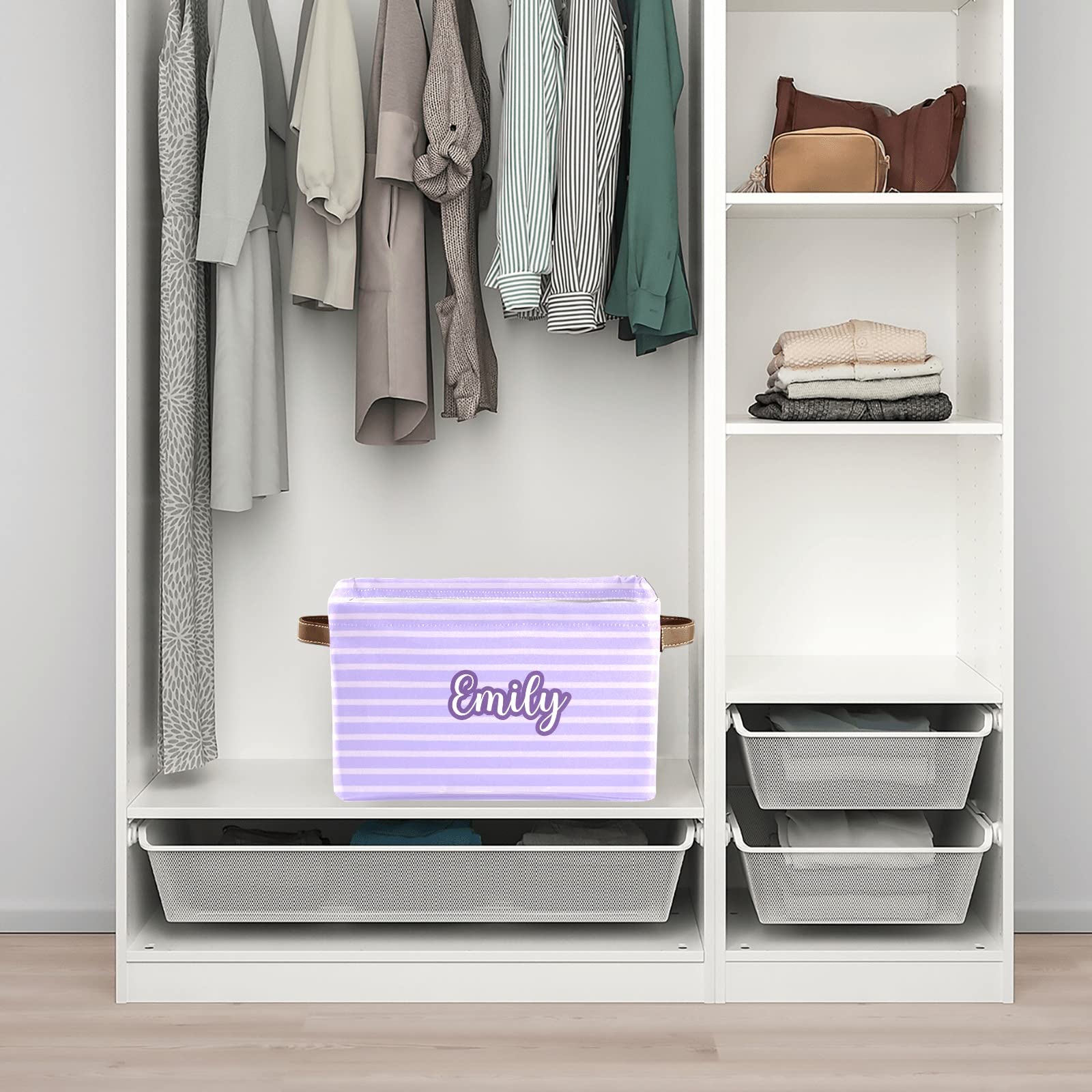 Custom Personalized Collapsible Storage Bin Box with Name - Purple & Pink Stripes Closet Organizer for Clothes, Toys, Nursery & Pet Supplies | Perfect for Home Organization, Baby Room & Pet Storage