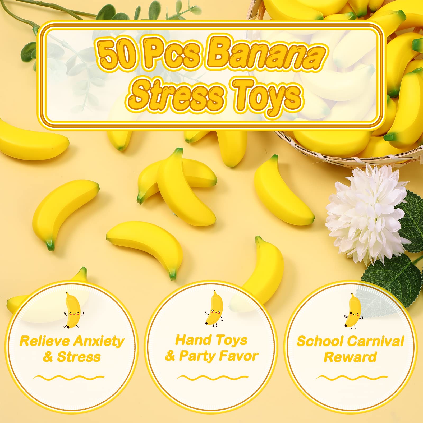 50 Pcs Mini Banana Stress Balls - Stretchy Foam Fidget Toys for Anxiety Relief & Stress Management - Fun Party Favors, School Carnival Rewards & Office Desk Toys - Includes Storage Bag for Easy Organization