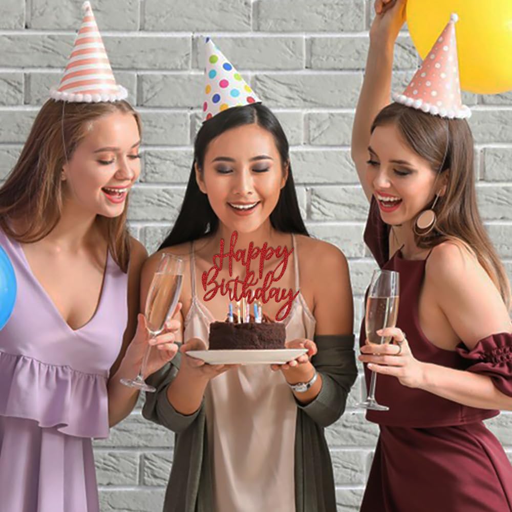 Glitter Happy Birthday Cake Topper - Red Birthday Cake Decoration for Parties, Anniversaries & Celebrations | Perfect for Wedding, Baby Shower & Birthday Party Decor