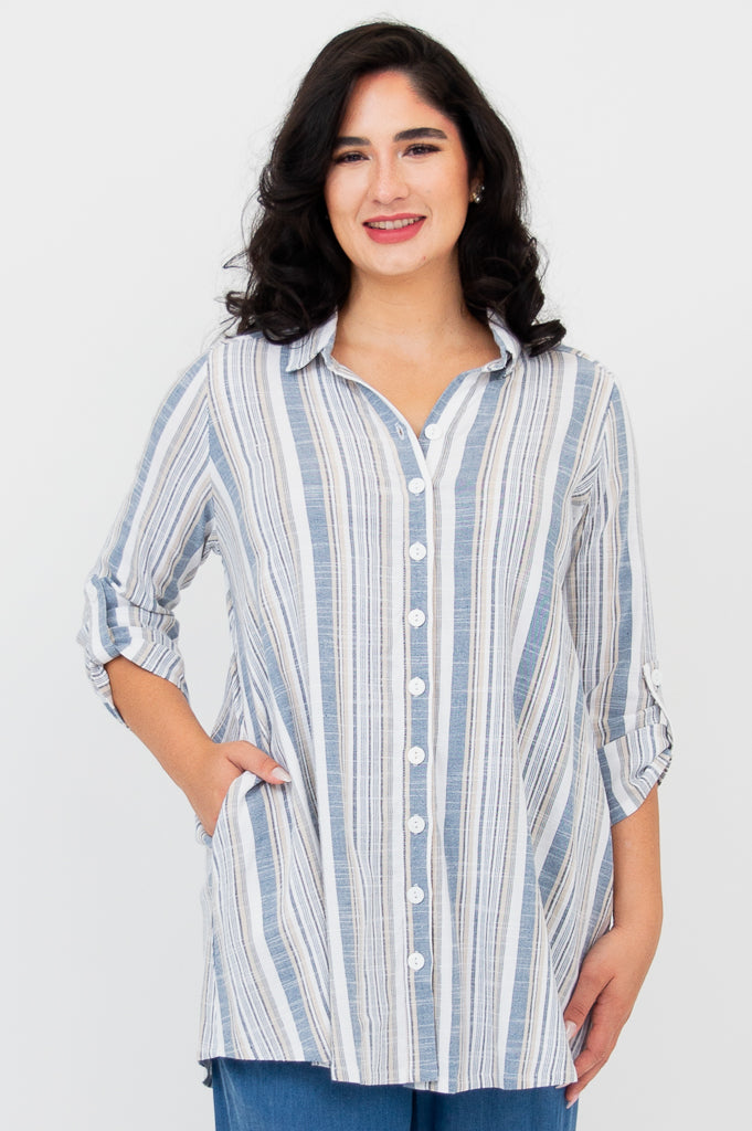 Celine Women's Blouse - Sand Stripe Linen Bamboo Shirt for Casual Wear & Summer Outfits