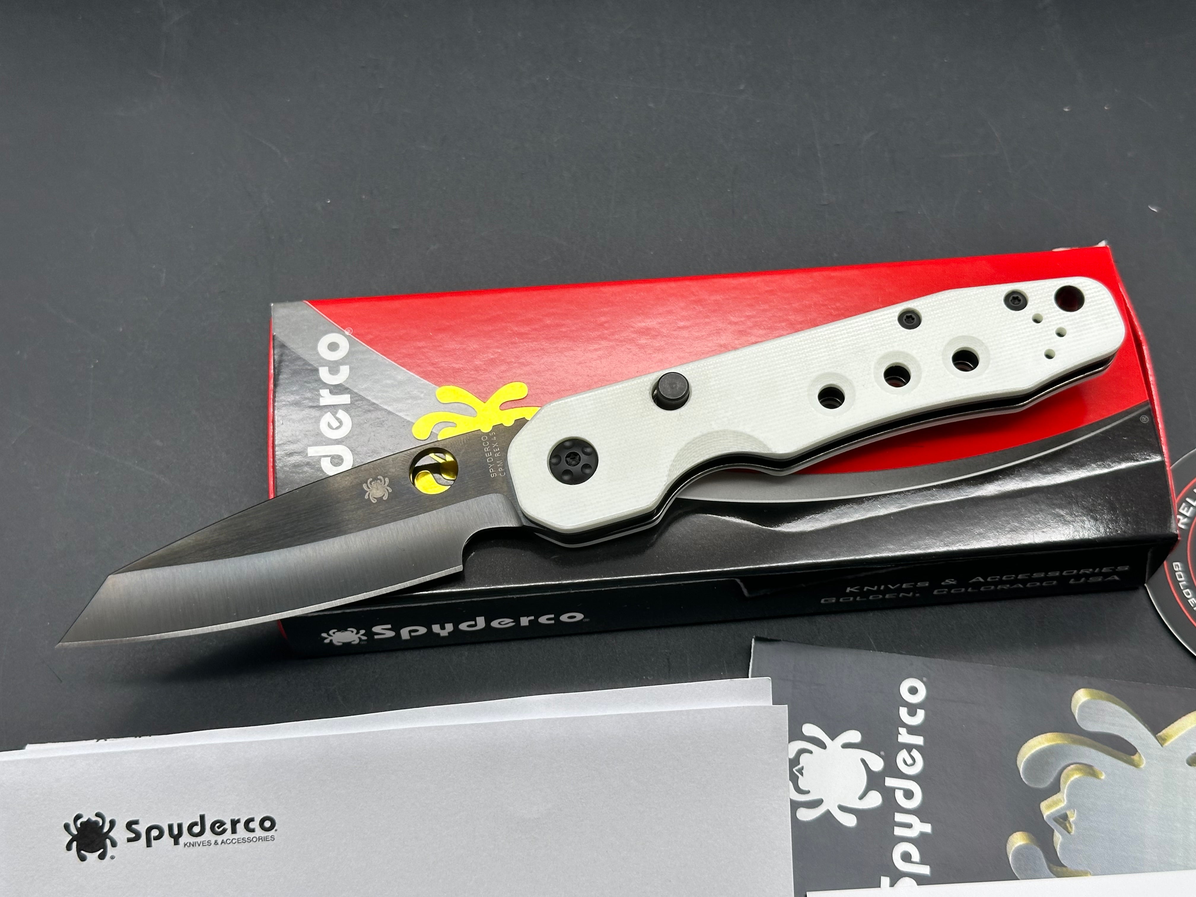 Spyderco Smock Folding Knife - Smooth White G10 Handle, Black Rex 45 Blade - GP Knives Exclusive | EDC, Outdoor, Camping, Survival Gear