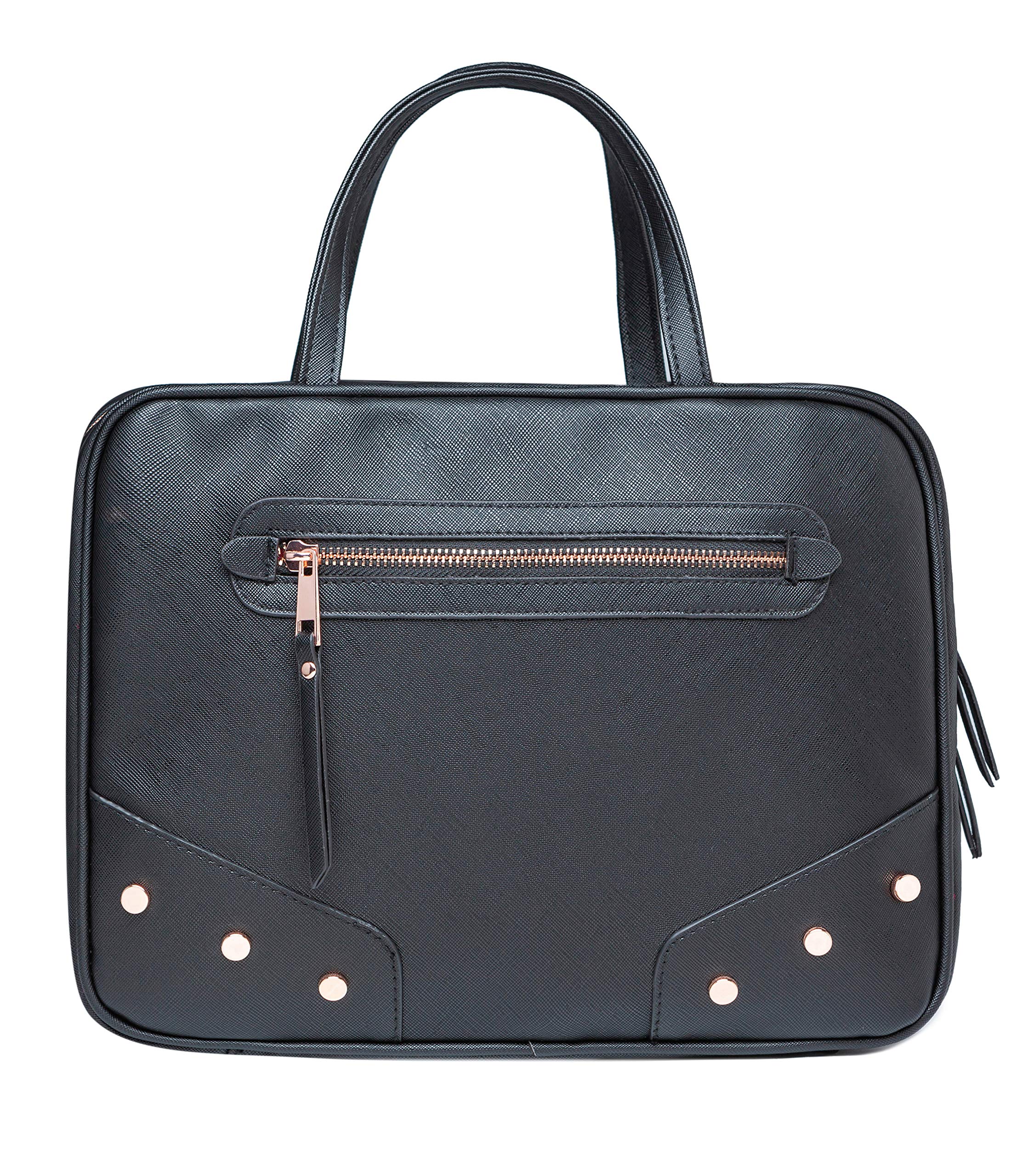 Stylish Women's Leather Studded Toiletry Travel Bag - Large Cosmetic Organizer with 4 Pockets, Rose Gold Hardware & Satin Lining - Perfect for Travel, Gym, and Weekend Getaways (Black)