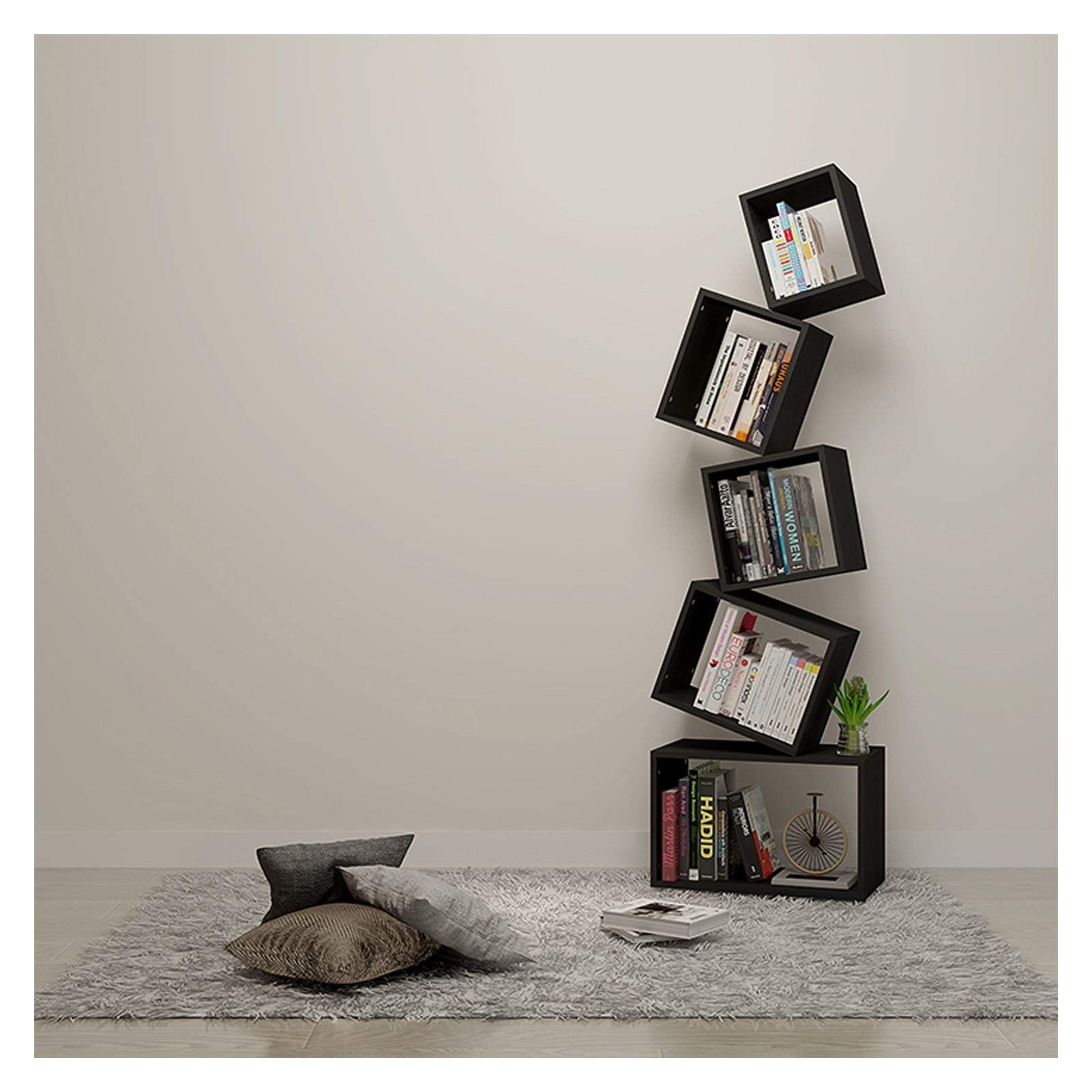 5-Tier Geometric Wooden Bookshelf - Modern Stacked Square Bookcase for Home & Office - Creative Storage Organizer for Books, Decor & Display - Perfect for Living Room, Bedroom or Study