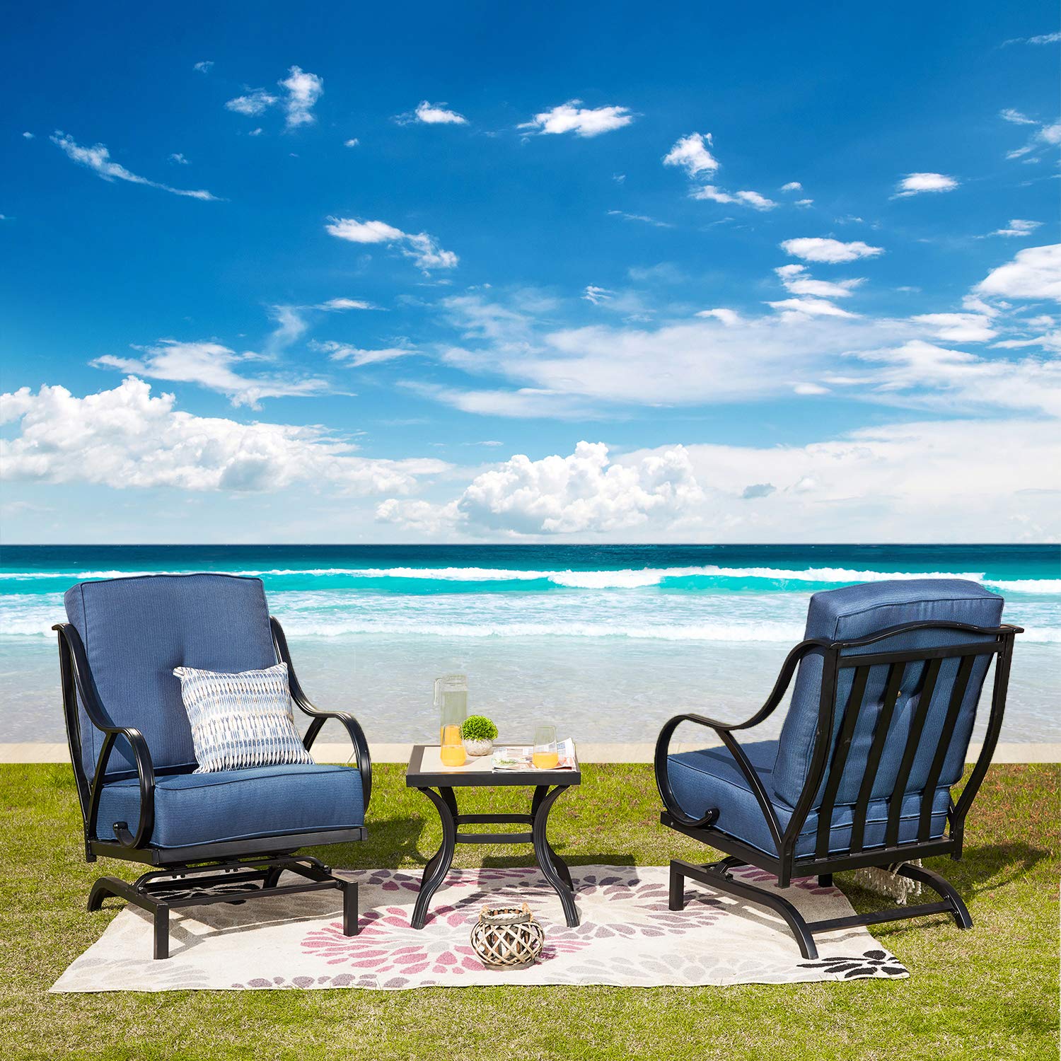 Festival Depot 3-Piece Outdoor Patio Dining Chairs Set - Square Metal Bistro Table with Thick Cushions, Garden Furniture for Backyard, Poolside & Balcony (Blue)