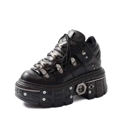 Gothic Punk Platform Sneakers for Women - Lace Up Round Toe Shoes with Metal Decorations & Thin Heels | Perfect for Nightclubs, Parties & Alternative Fashion Outfits