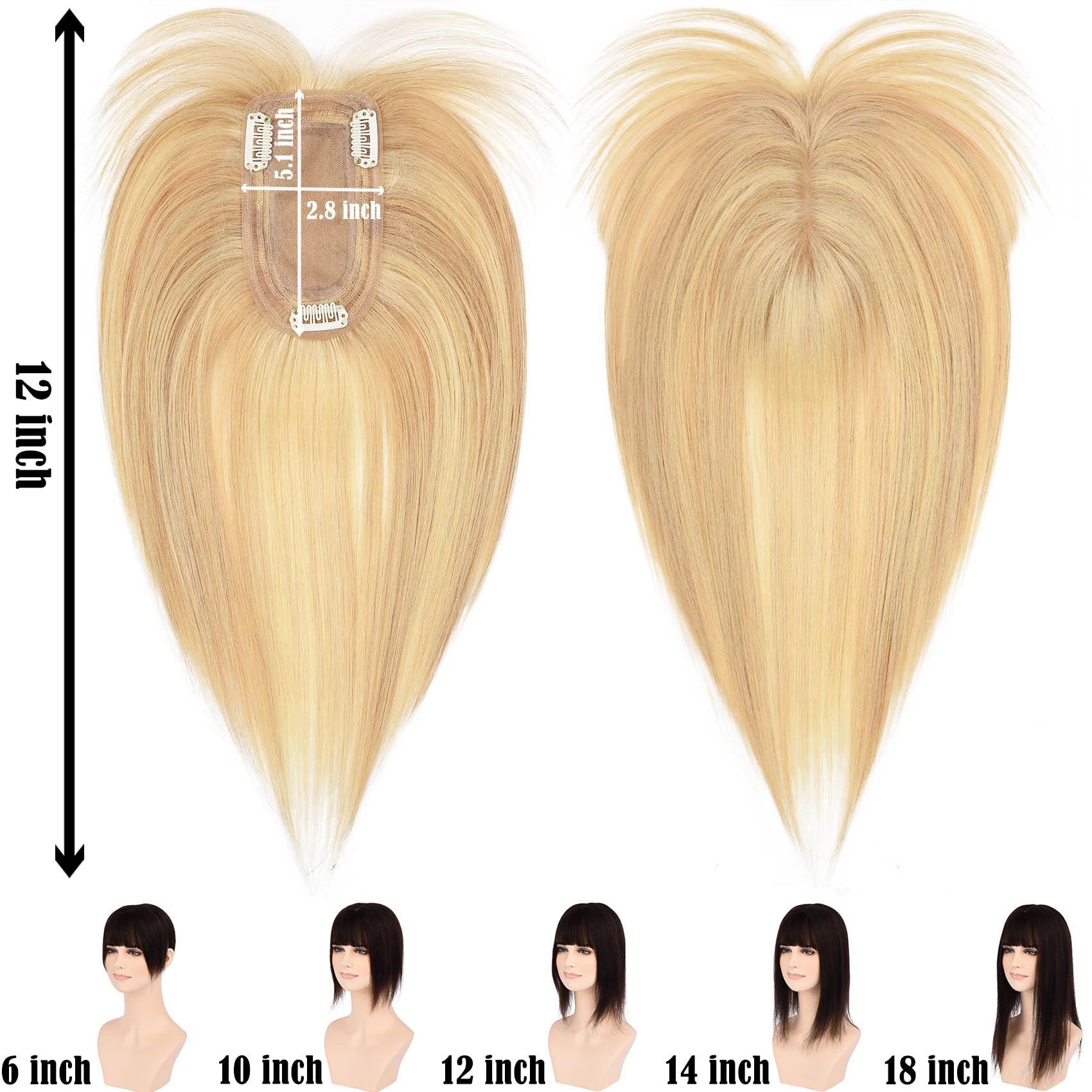 JGS1996 Women's Real Human Hair Toppers with Bangs - 100% Remy Human Hair Wig Clip-in for Thinning Hair & Hair Loss - 10 Inch #18/613 Blonde - Perfect for Daily Wear, Parties & Special Occasions