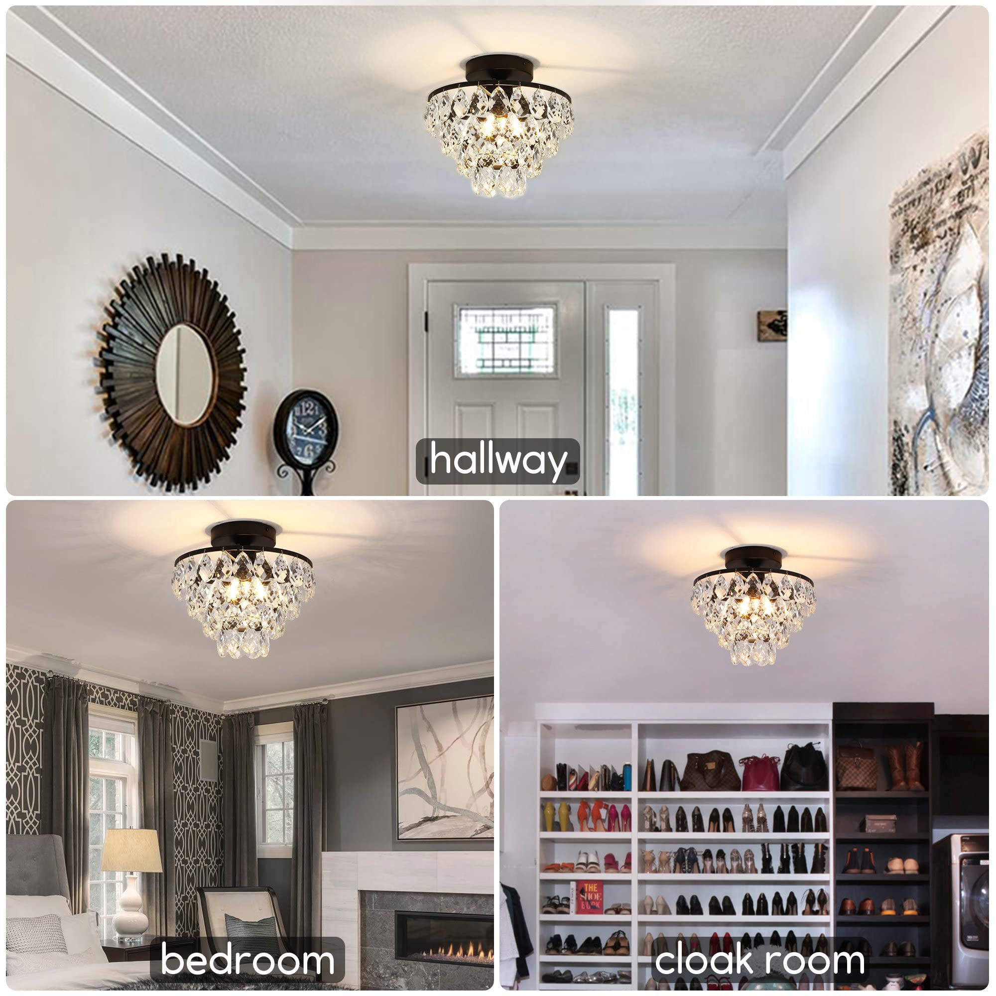 Luupyia Mini Crystal Chandelier Ceiling Light - Modern Small Black Semi Flush Mount Chandelier for Bedroom, Living Room, Hallway | Elegant Lighting Fixture for Home Decor & Interior Design