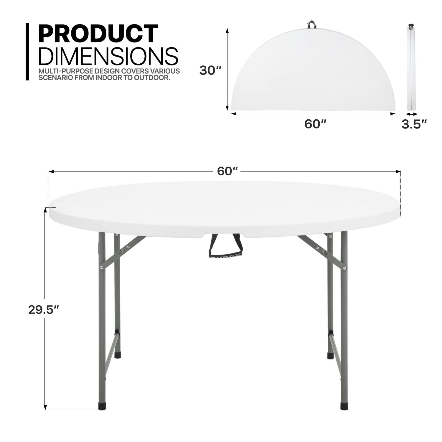 MoNiBloom 5Ft Round Folding Table - Indoor Outdoor Plastic Dining Card Table with Handle & Lock - Portable Picnic Party Banquet Wedding Table (White Top, Gray Legs) - Perfect for Backyard BBQs, Camping & Home Gatherings
