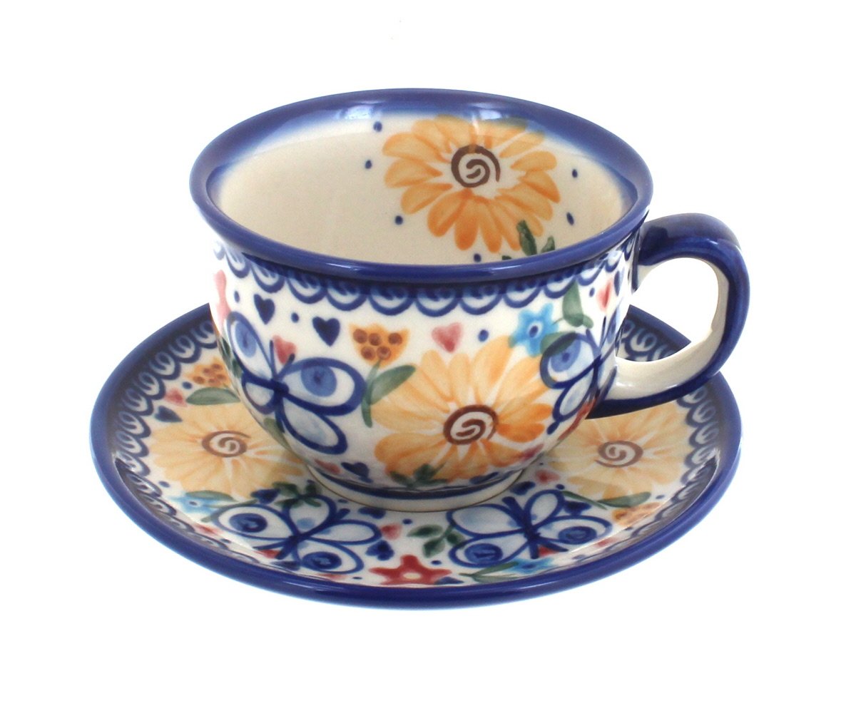 Handmade Blue Rose Polish Pottery Butterfly Tea Cup and Saucer Set - Elegant Floral Design for Afternoon Tea, Coffee, and Gift Giving