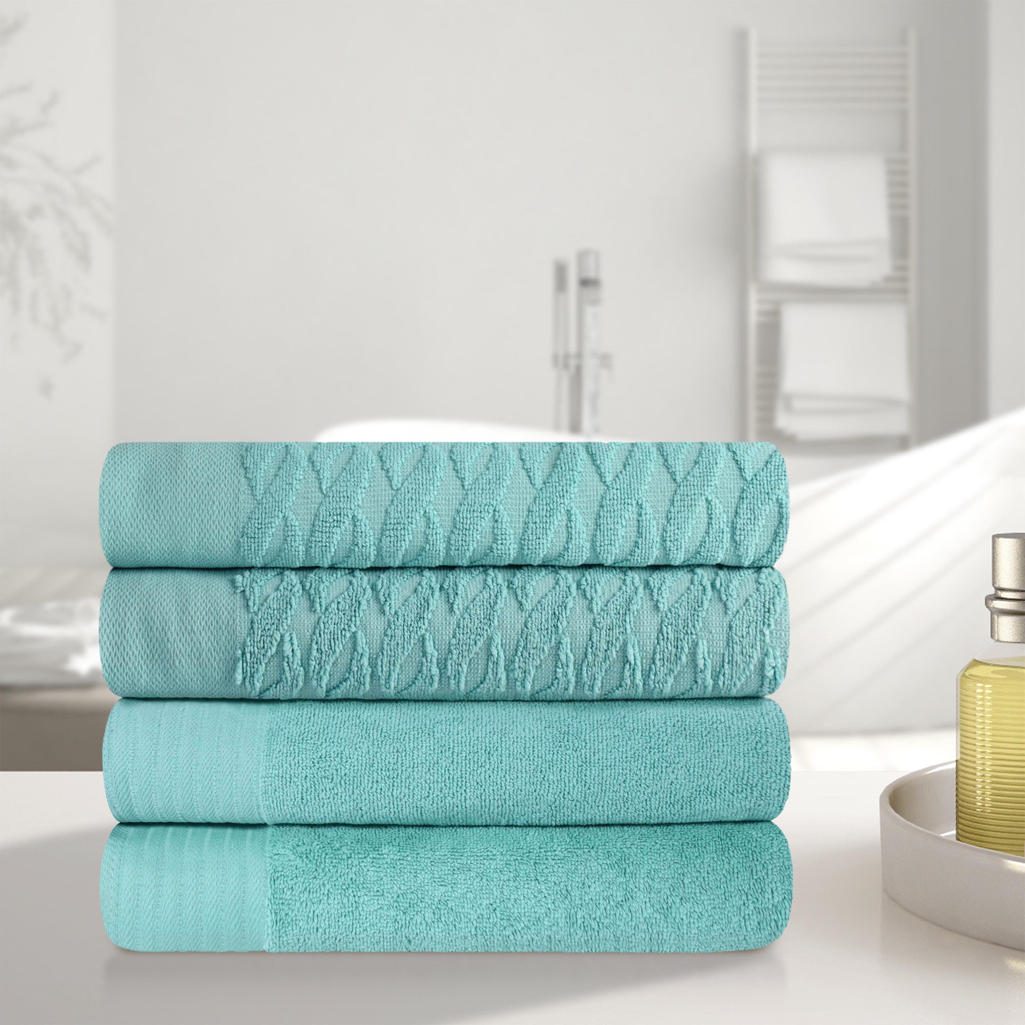 Premium Turkish Cotton Jacquard Herringbone & Solid 4-Piece Bath Towel Set - Ultra Soft & Absorbent Luxury Towels for Spa, Bathroom & Beach Use