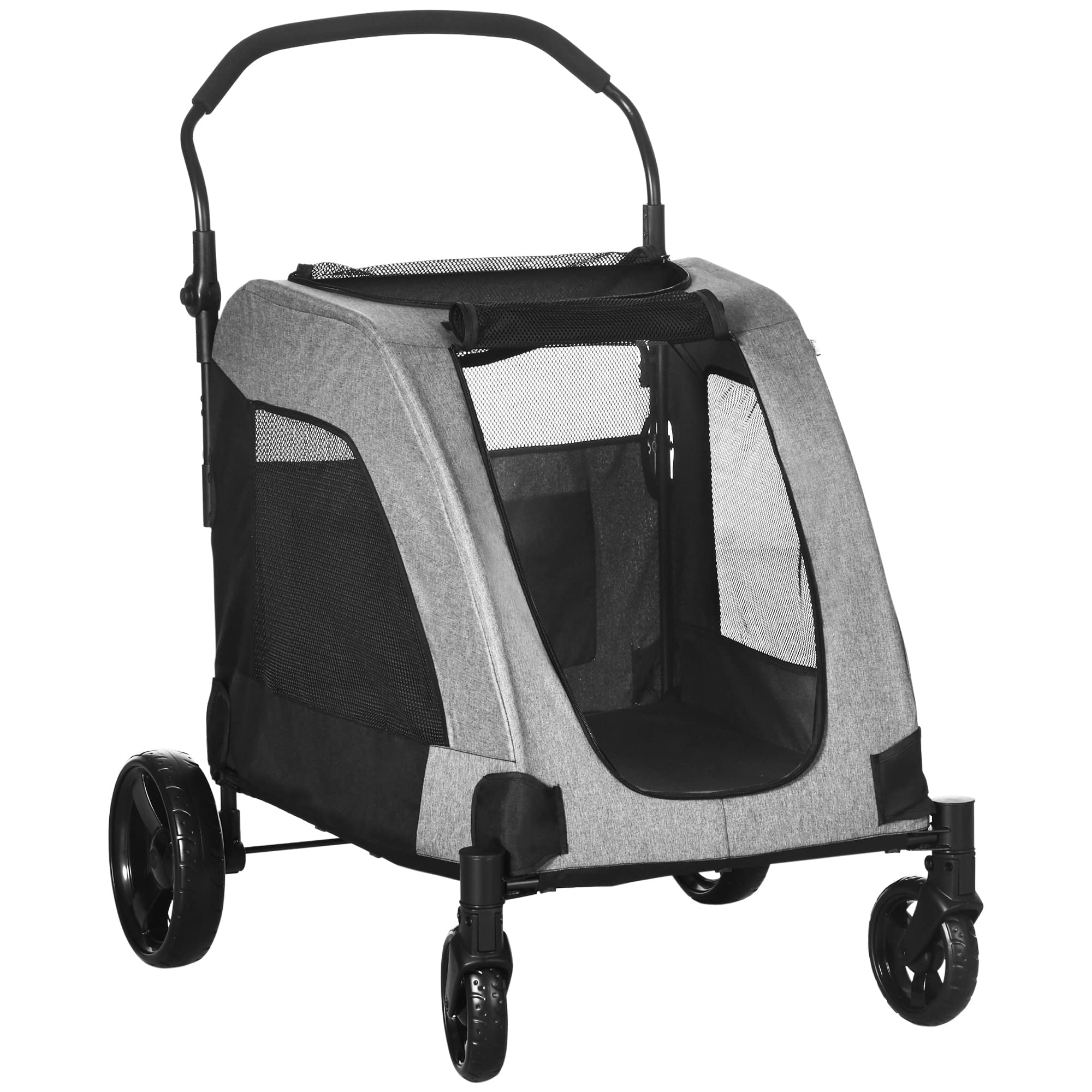 PawHut 4-Wheel Folding Dog Stroller for Medium & Large Dogs - Universal Wheels, Storage Basket & Safety Leash - Gray Pet Carrier for Walking, Shopping & Outdoor Adventures