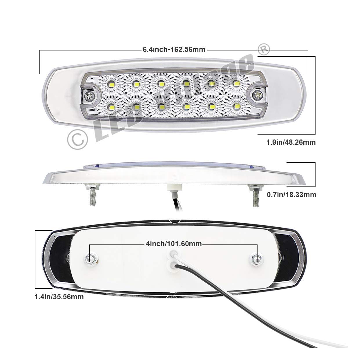 2 Pack 12V DC 6.4 Inch Slim White LED Surface Mount Clearance Lights - Waterproof Side Marker Lamps for Trucks, Trailers, Lorry & Cars - Universal Chrome Design for Enhanced Visibility & Safety (Perfect for Night Driving, Off-Road Vehicles & Heavy Duty Applications)