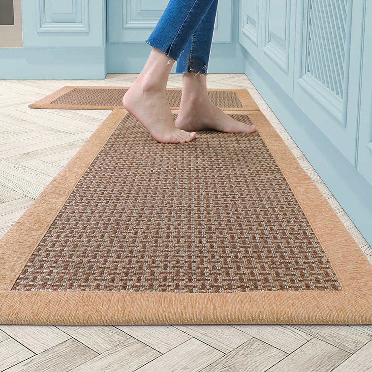 Non-Slip Washable Twill Kitchen Rugs Set of 2 - Heavy Duty Anti-Fatigue Floor Mats for Sink, Countertop & Fridge - Perfect for Cooking, Dishwashing & Standing Comfort in Home Kitchen