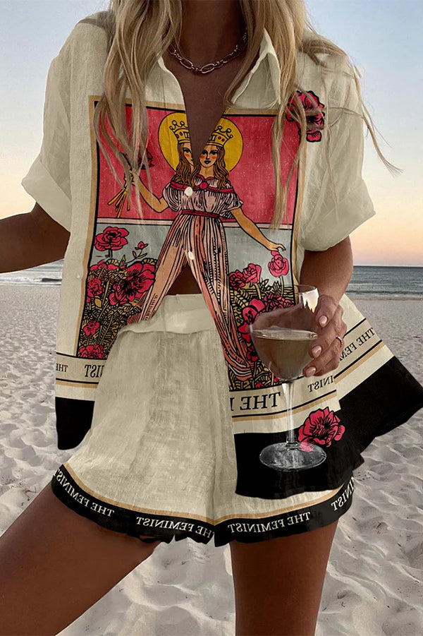 Stylish Tarot Print Loose Fit Button Front Elastic Waist Shorts Set - Perfect for Yoga, Beach, and Summer Casual Wear