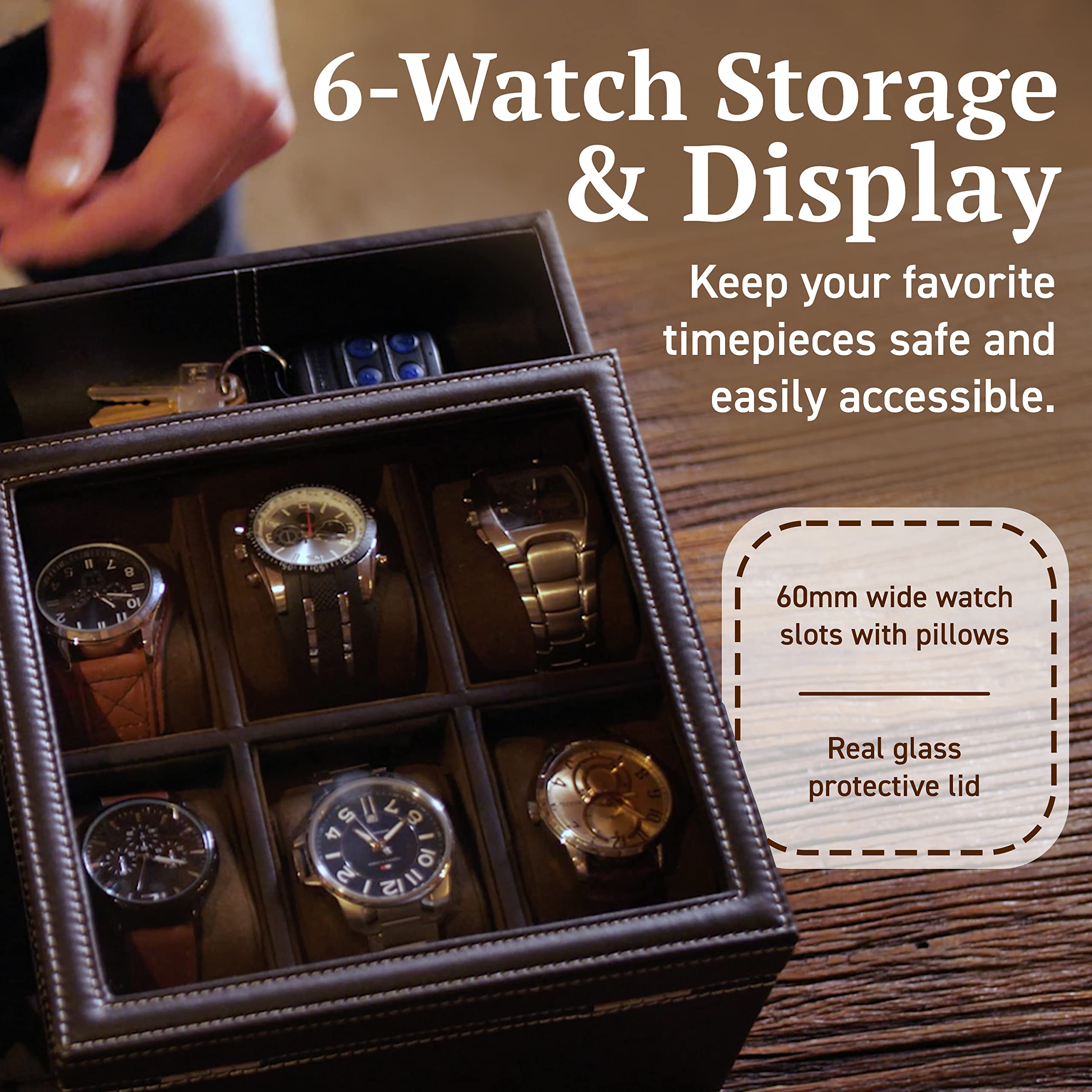 HOUNDSBAY Men's Watch Box & Jewelry Organizer - Display Case & Valet Tray for Nightstand