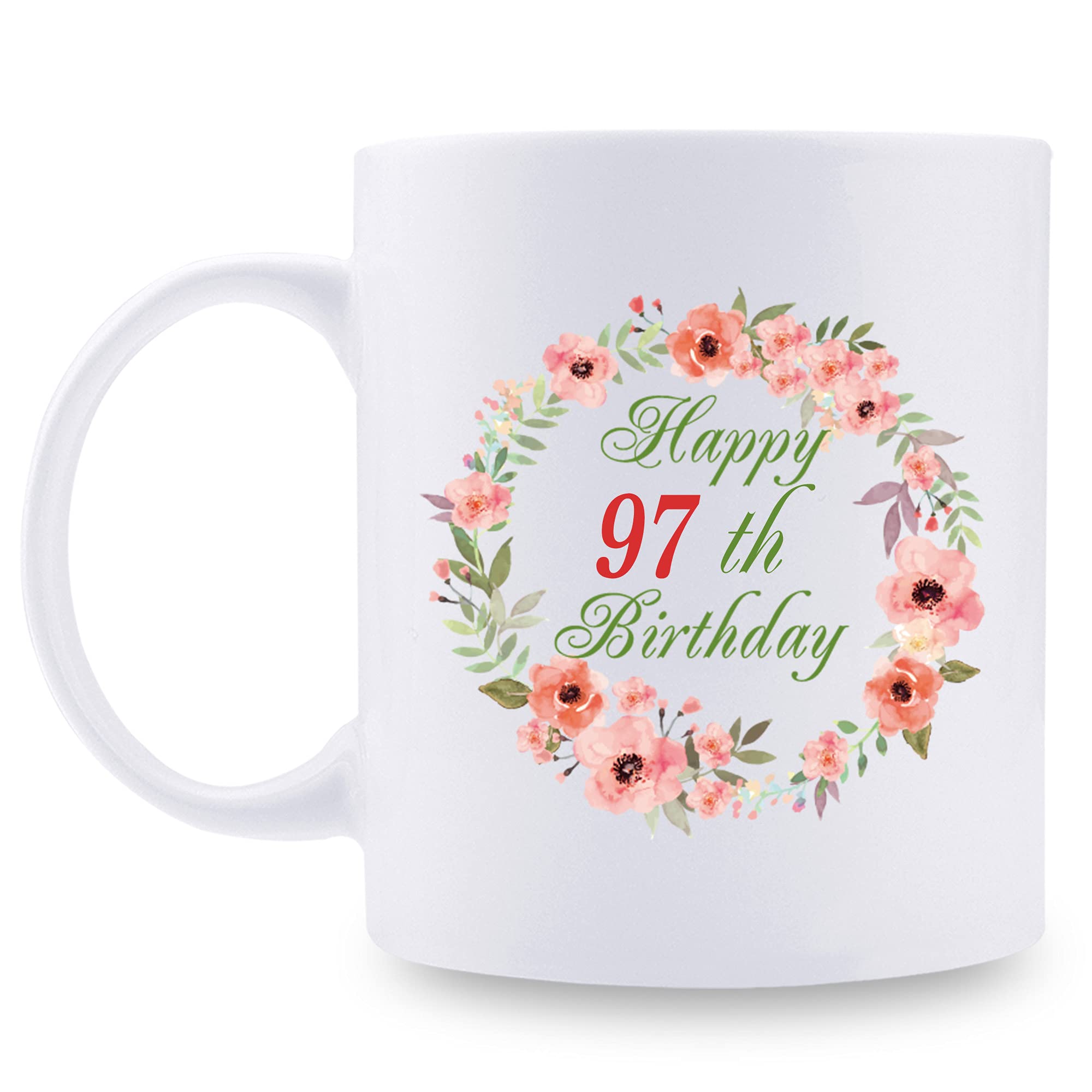 97th Birthday Gifts for Women - 11 oz Ceramic Coffee Mug with 'Happy 97th Birthday' Garland Design - Perfect Present for Grandma, Mom, Sister, Wife, Friend, Cousin & Aunt - Ideal for Birthday Celebrations, Tea Time & Special Occasions