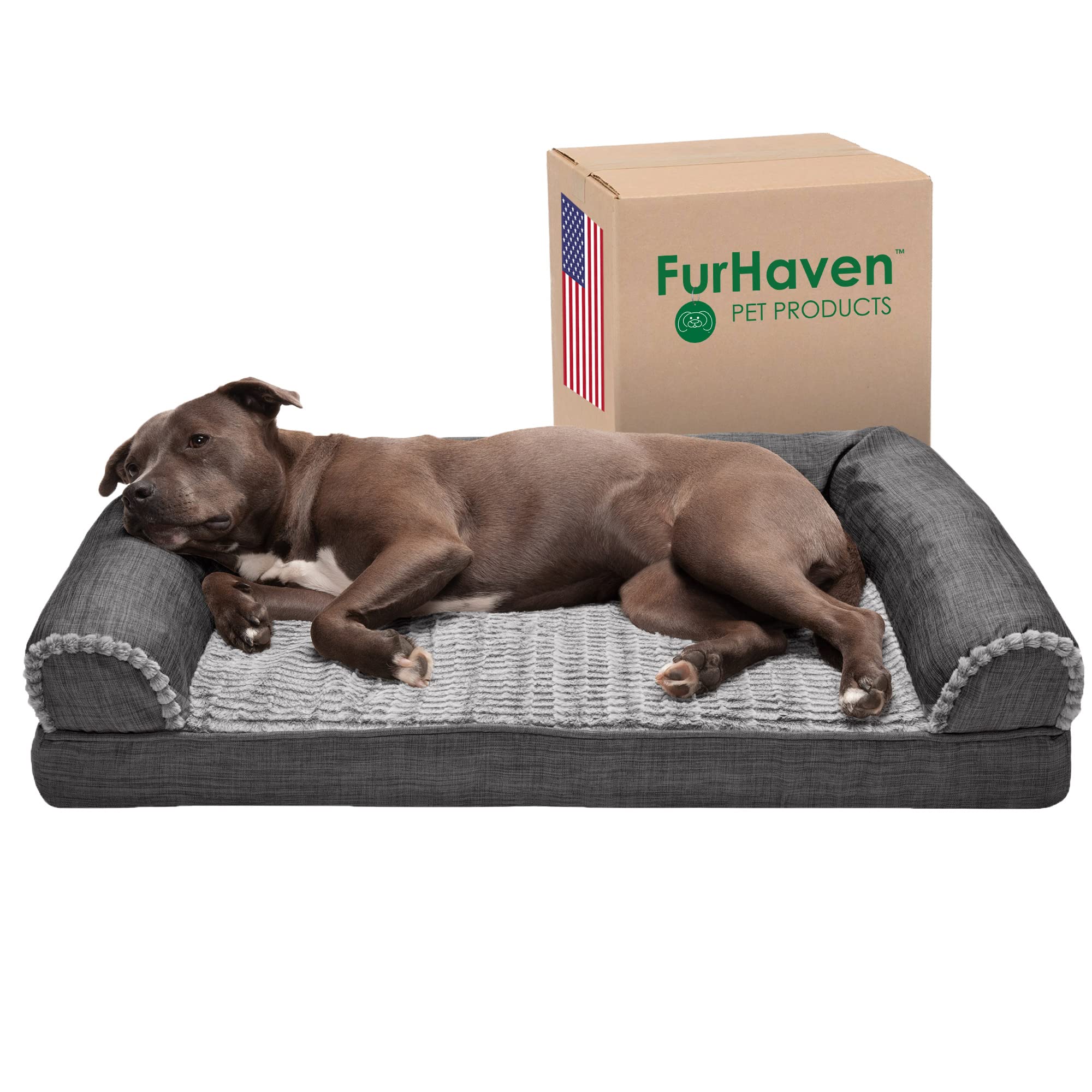 **Furhaven Orthopedic Dog Bed for Large & Medium Dogs - Removable Bolsters & Washable Cover - Supports Up to 55 lbs - Plush Faux Fur & Durable Linen Sofa Style - Charcoal (Large) - Perfect for Living Room, Bedroom, or Pet-Friendly Spaces**