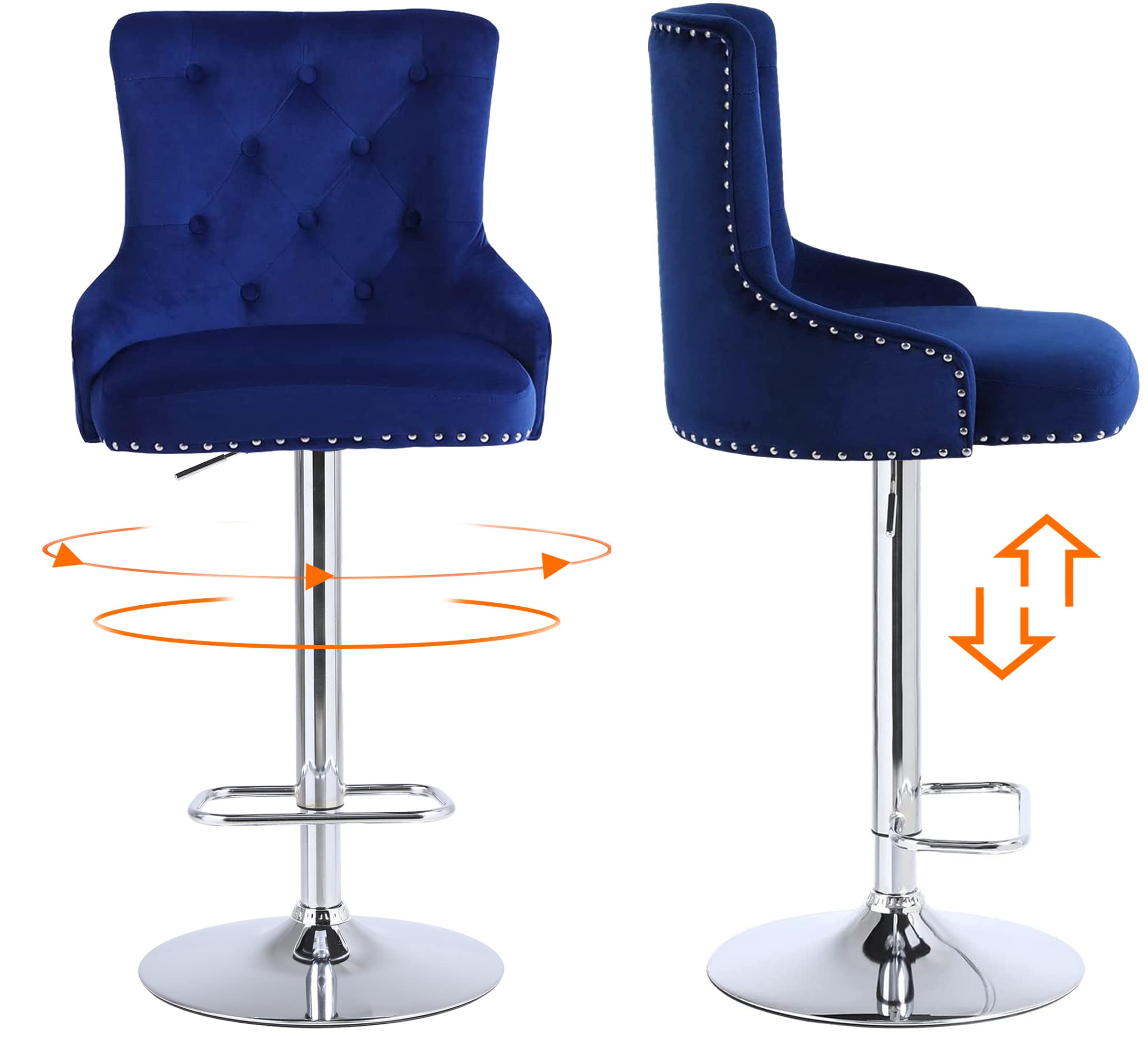 Premium Velvet Navy Blue Swivel Bar Stools Set of 2 - Height Adjustable Kitchen Counter Stools with Back Support - Perfect for Home Bars, Kitchen Islands & Breakfast Nooks
